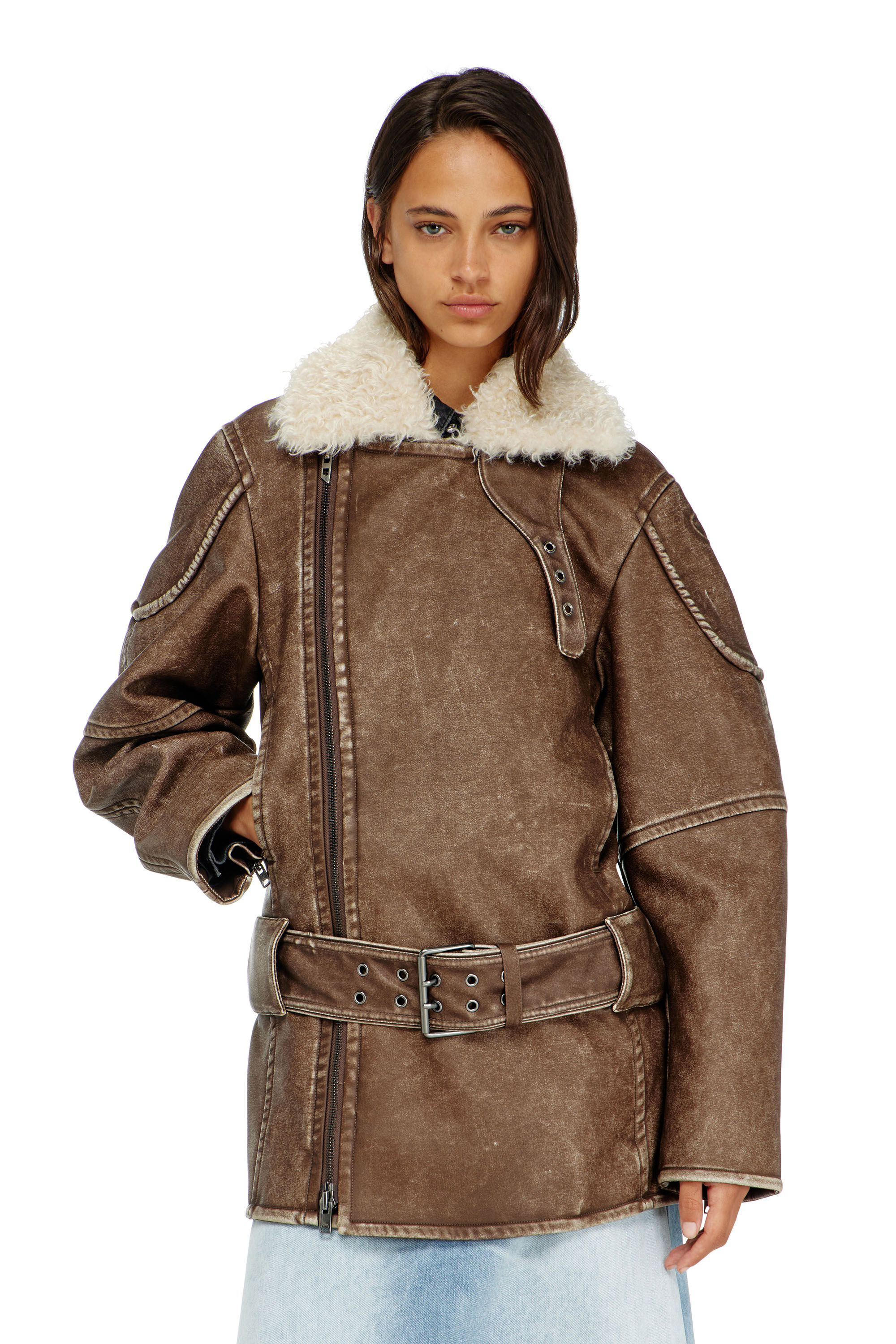 Diesel - G-EYSER, Woman's Double-breasted aviator-biker coat in Brown - 3