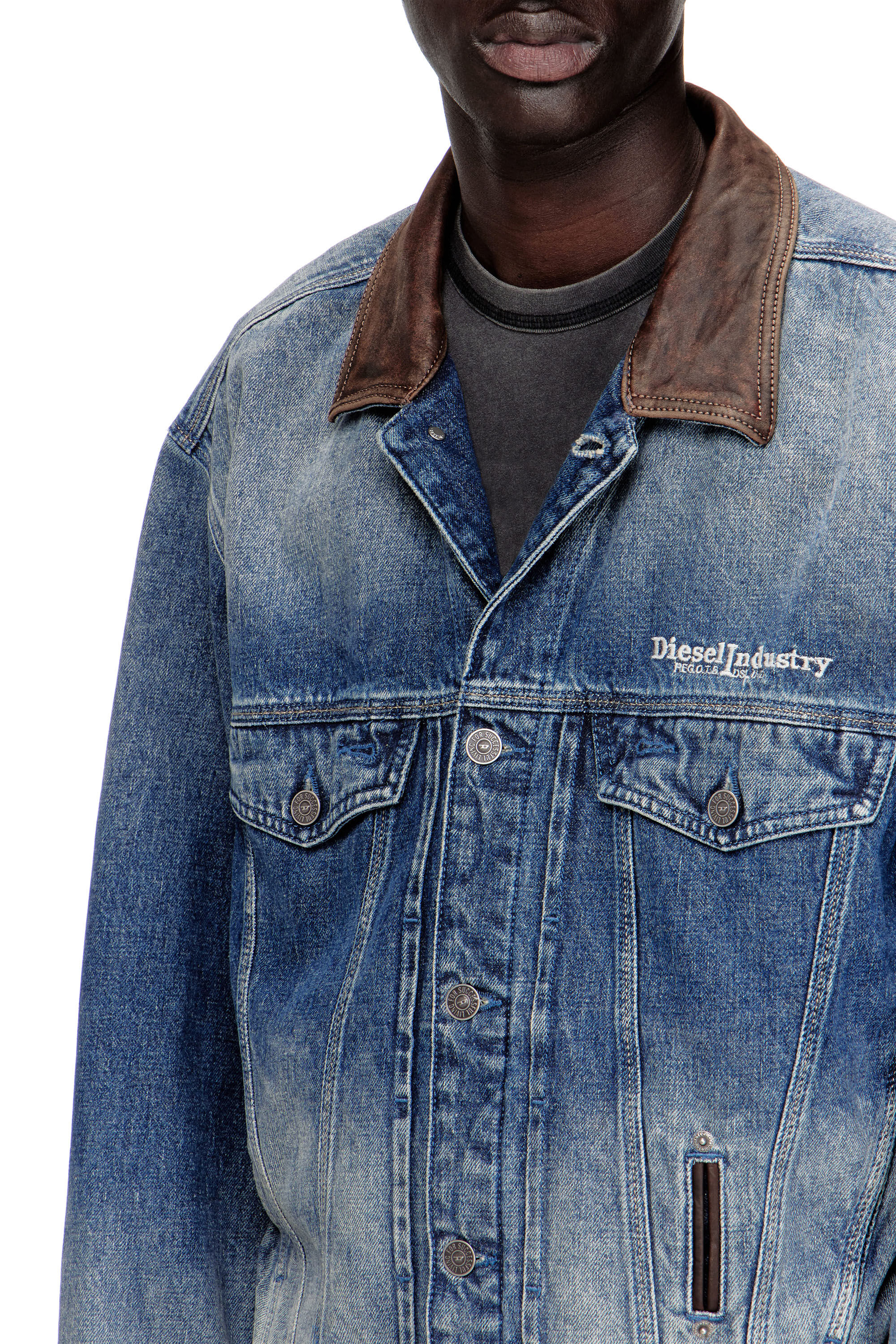 Women's Denim trucker jacket with contrast leather trims | Blue