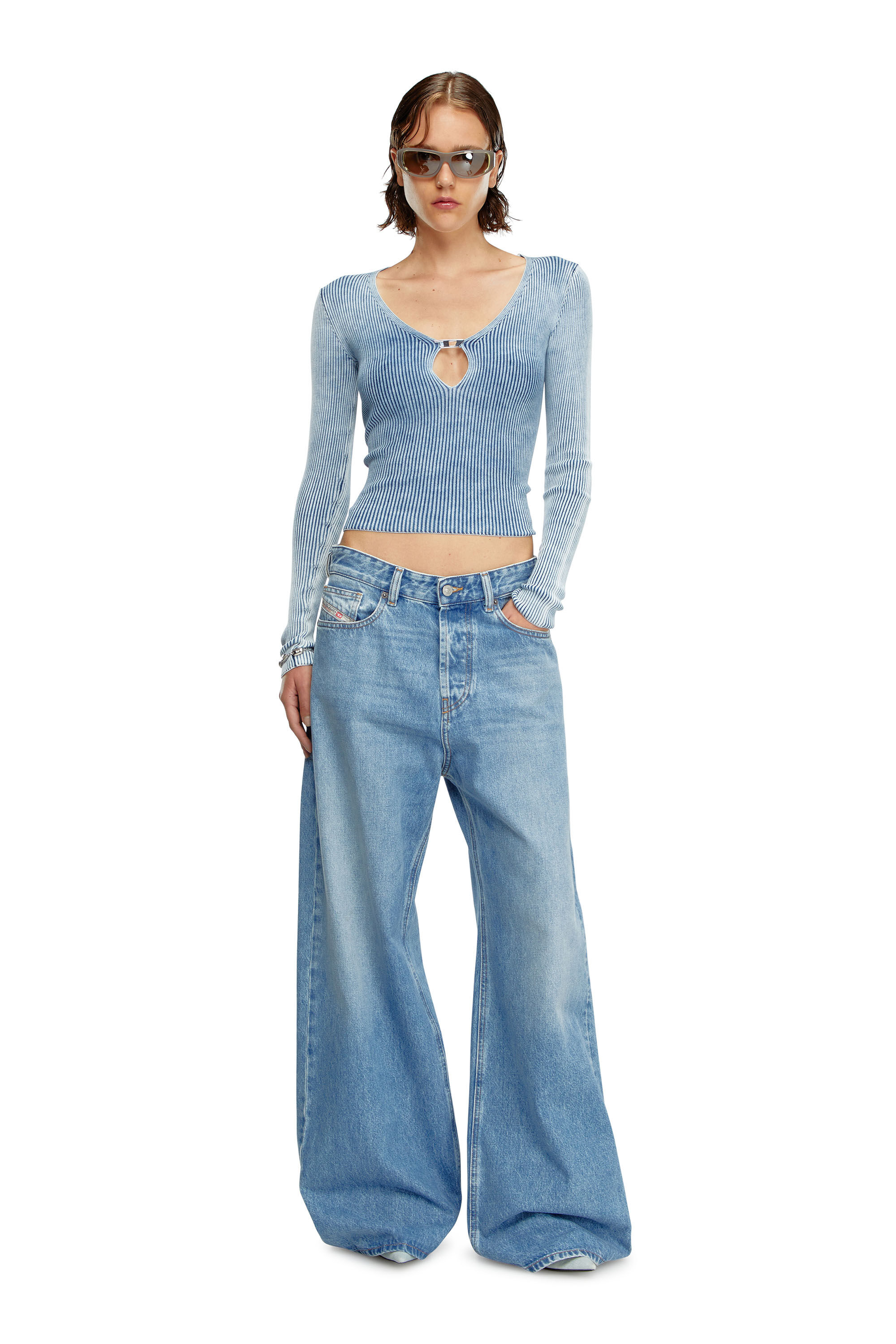 Women's Cut-out top in indigo cotton knit | Blue | Diesel