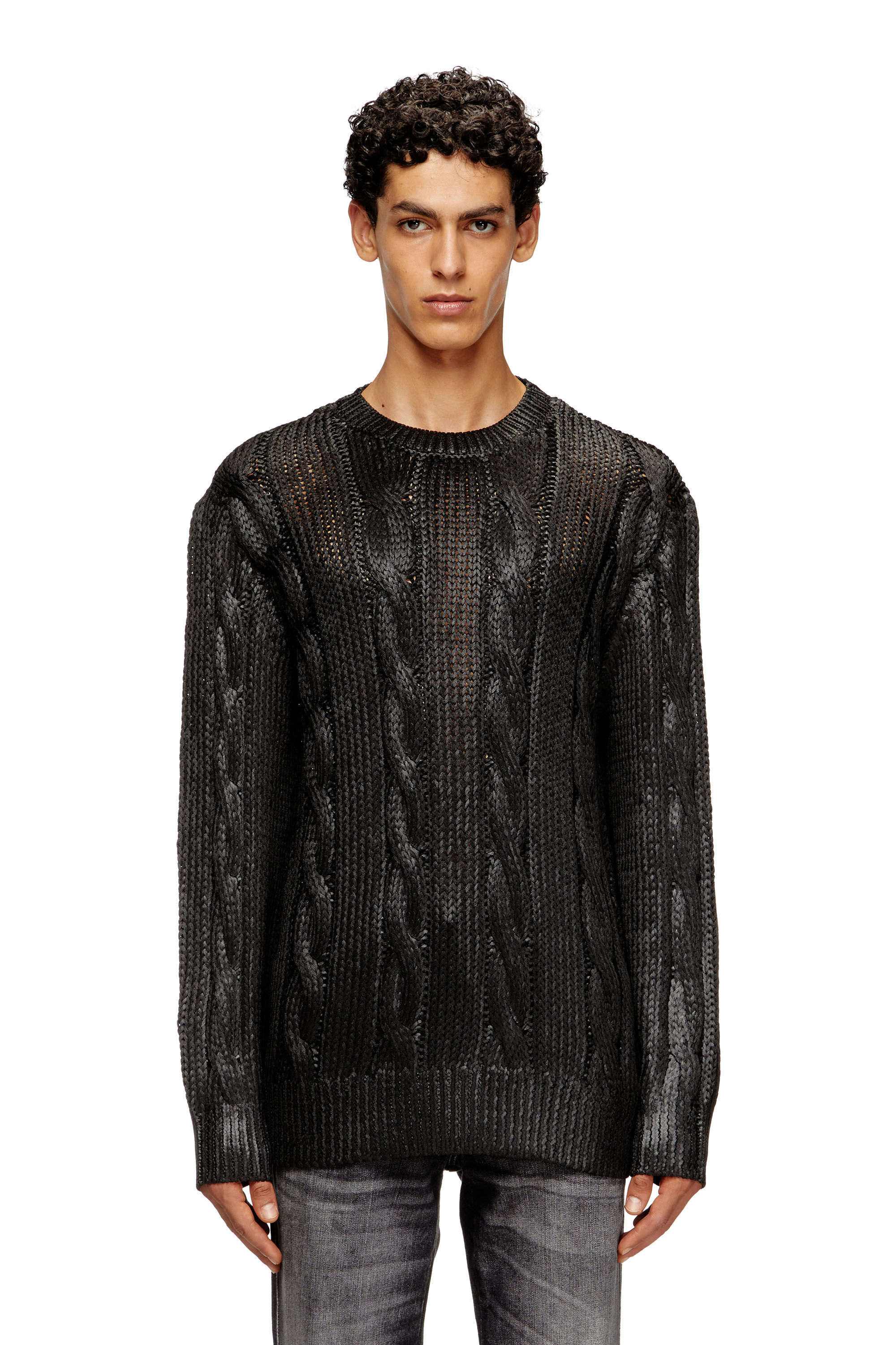 Diesel - K-MICHIU, Man's Cable-knit jumper with shiny effect in Black - 2