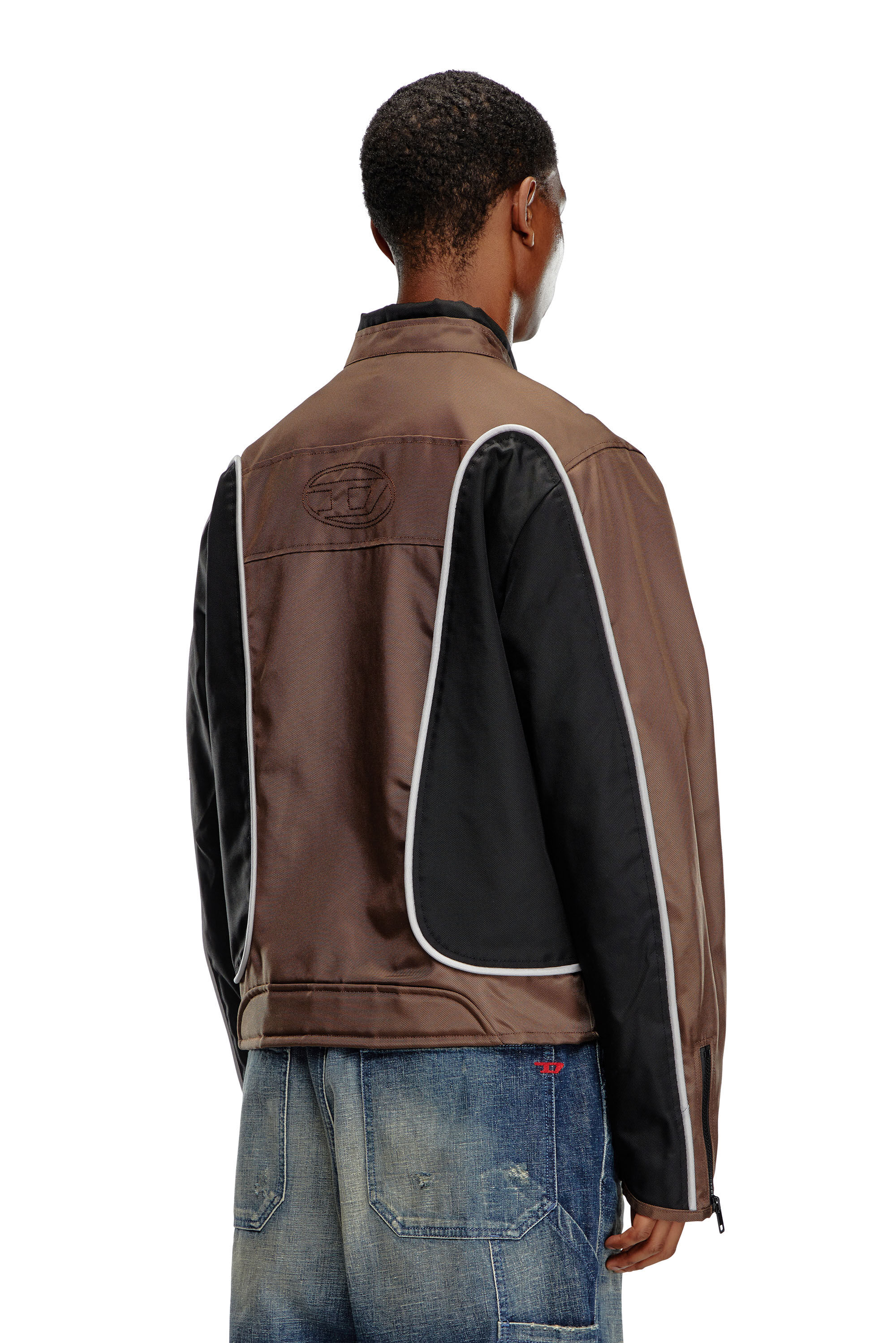 Diesel - J-BLINK, Man's Biker jacket in colour-block nylon in Black/Brown - 4