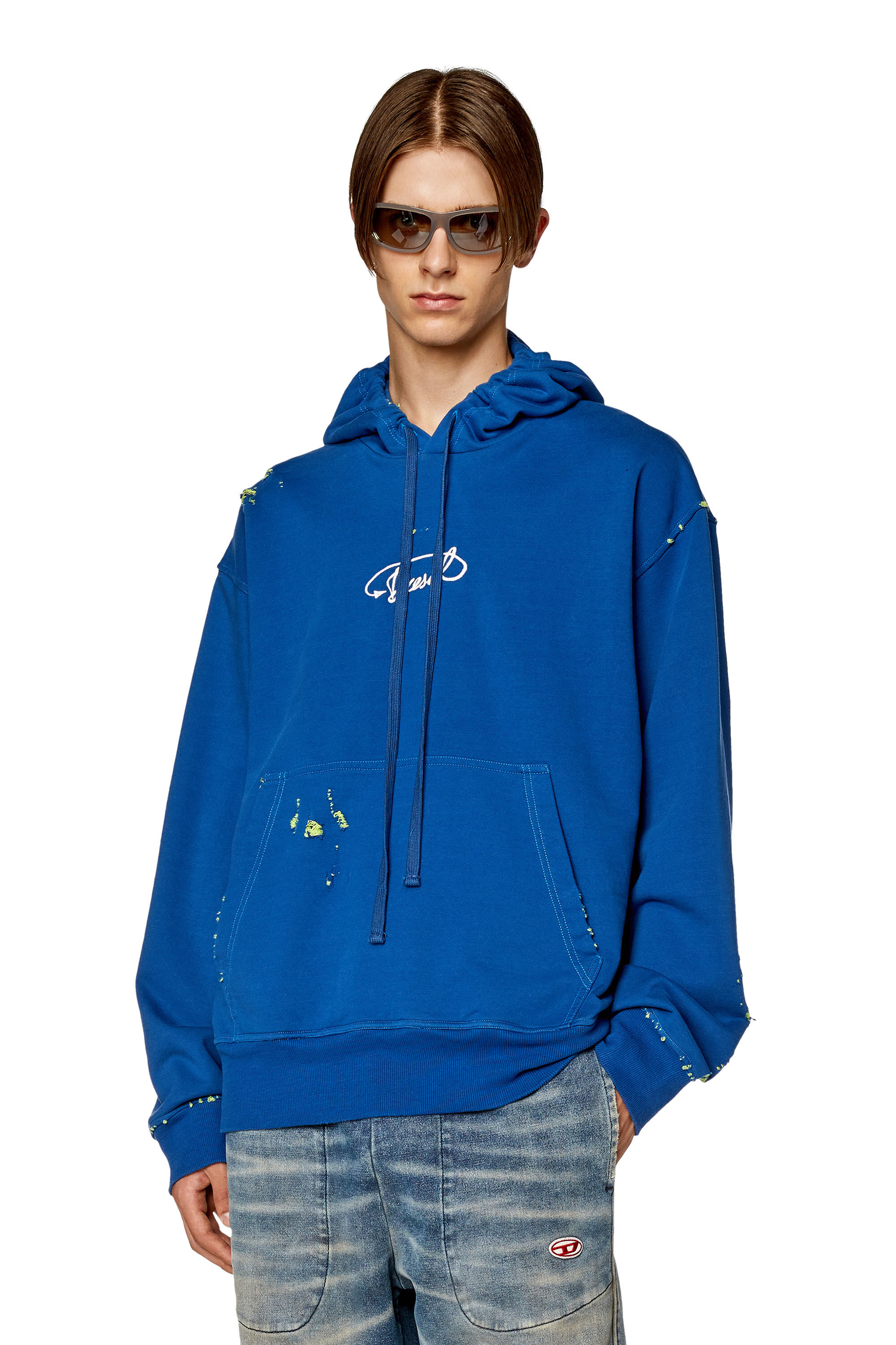 Diesel - S-MACS-HOOD-L2, Man's Oversized distressed hoodie with logo in Blue - 3