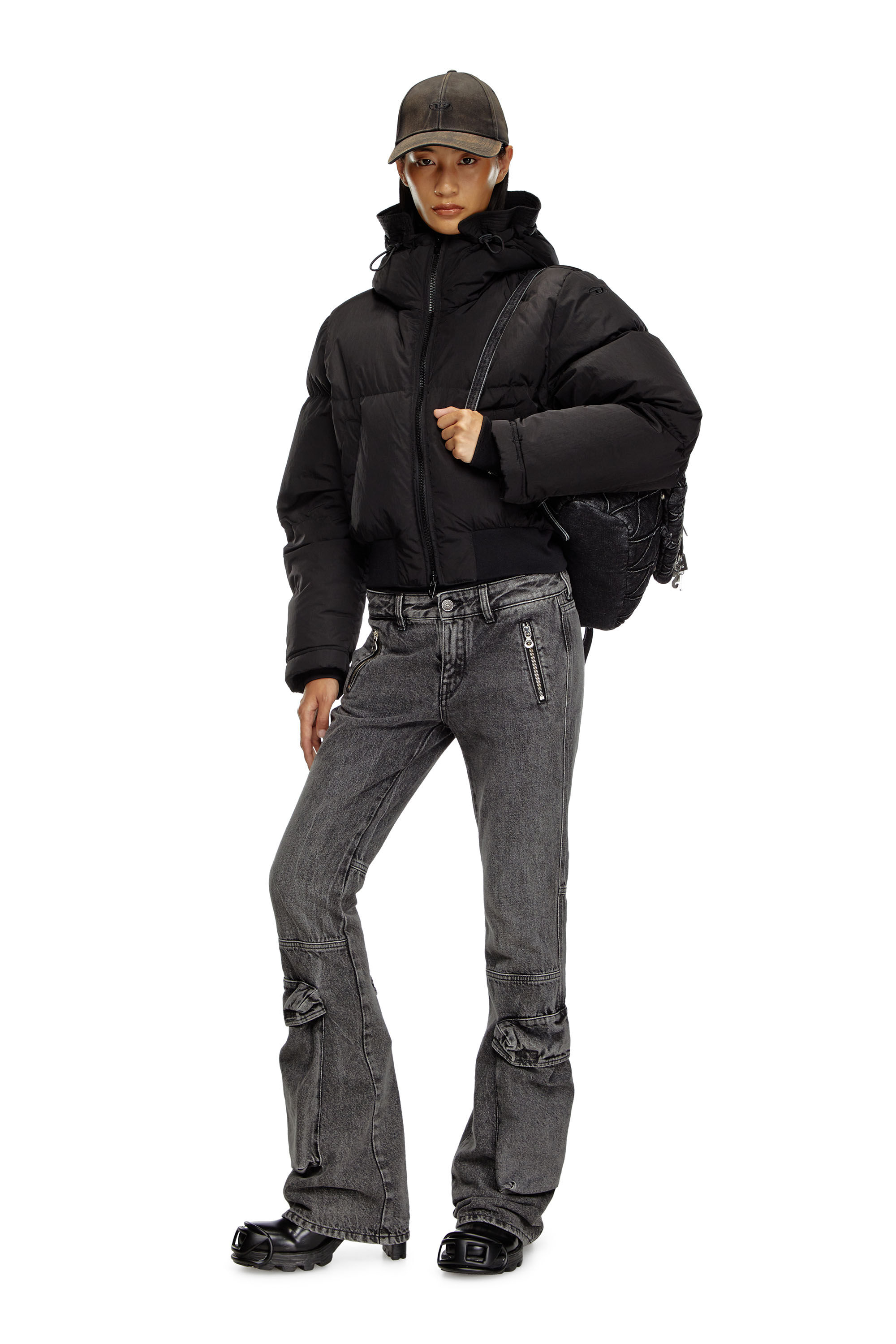 「大人気 新入荷 新品」に該当するファッション通販 Women's Hooded Diesel | Black | nylon crinkled in jacket down ジャケット・アウター