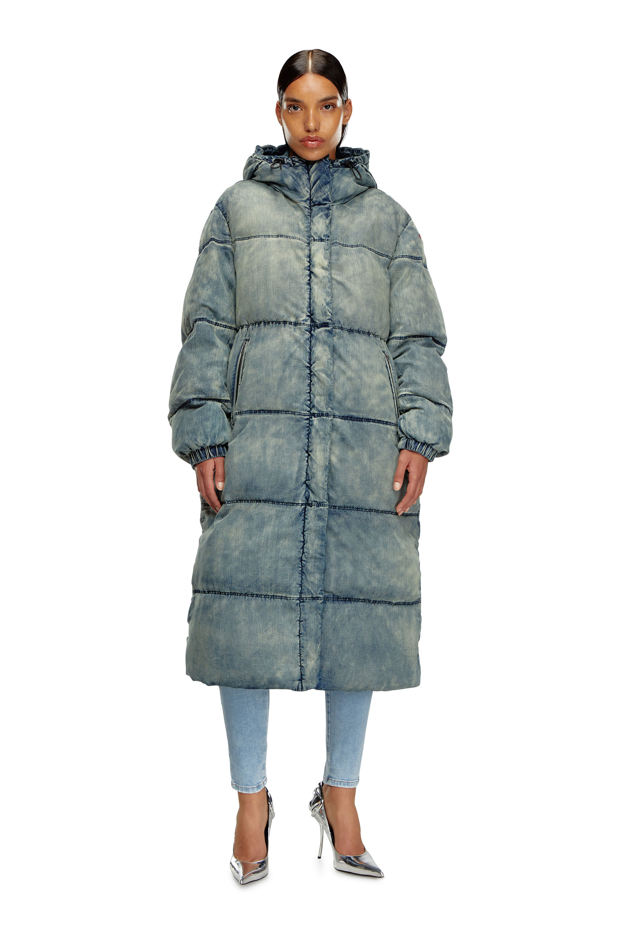 Women's Hooded puffer coat in stretch denim | Blue | Diesel