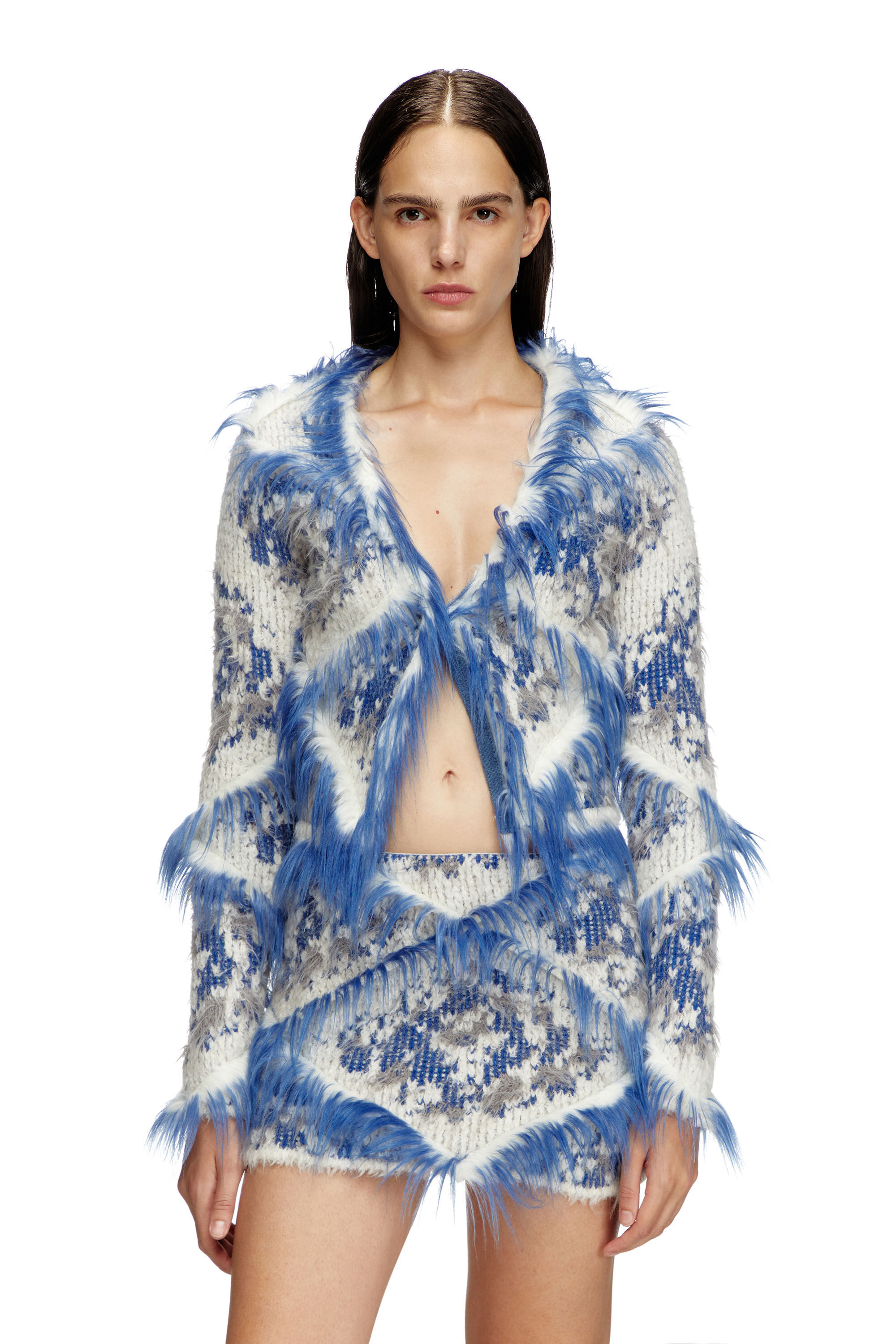 Women's Cropped argyle cardigan with fuzzy trims | Blue | Diesel
