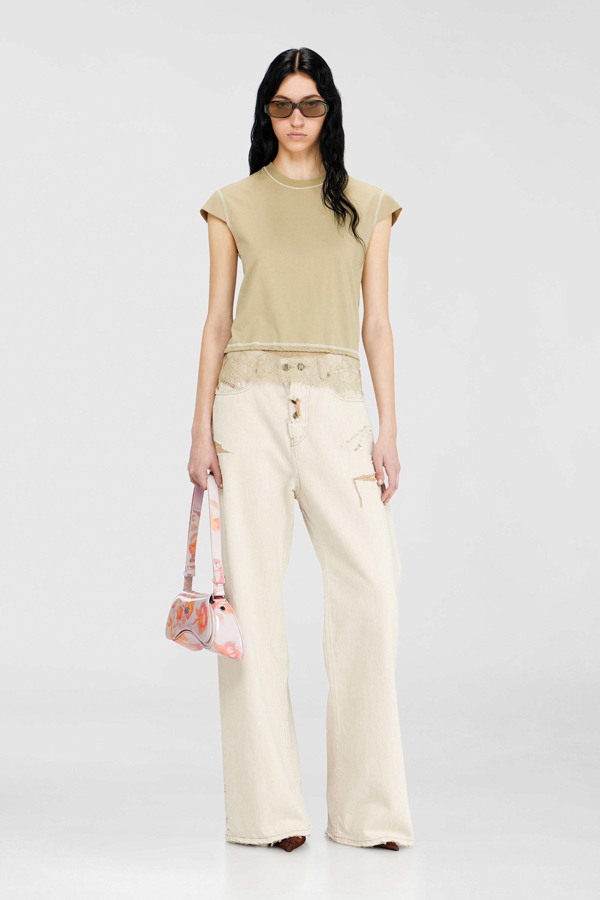 Diesel - T-LUNA, Woman's Jersey t-shirt with lace hem in Beige - 1