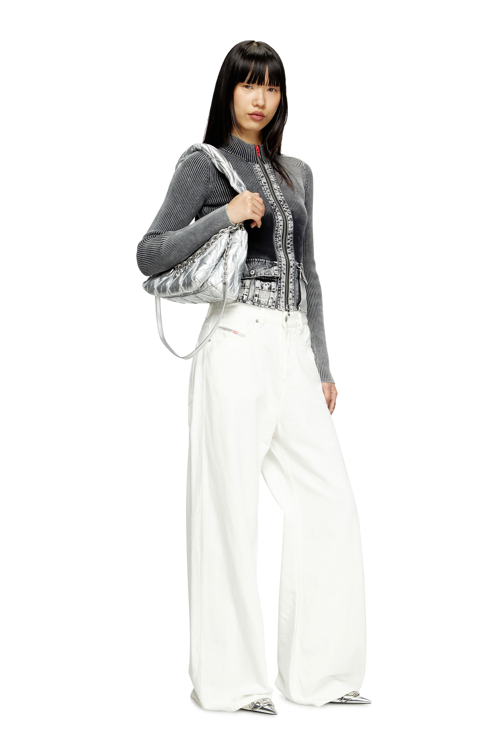 Diesel - CHARM-D SHOULDER M, Woman's Charm-D M-Shoulder bag in quilted metallic nylon in Silver - 6