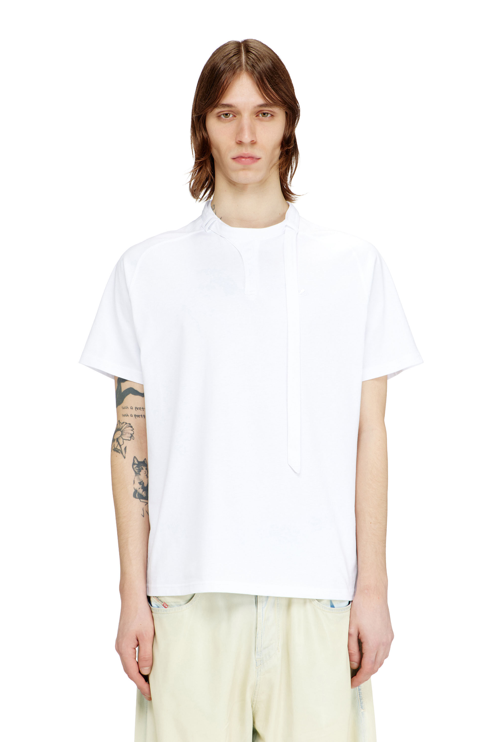 Diesel - T-KAUKO, Man's T-shirt with biker neck strap in White - 3