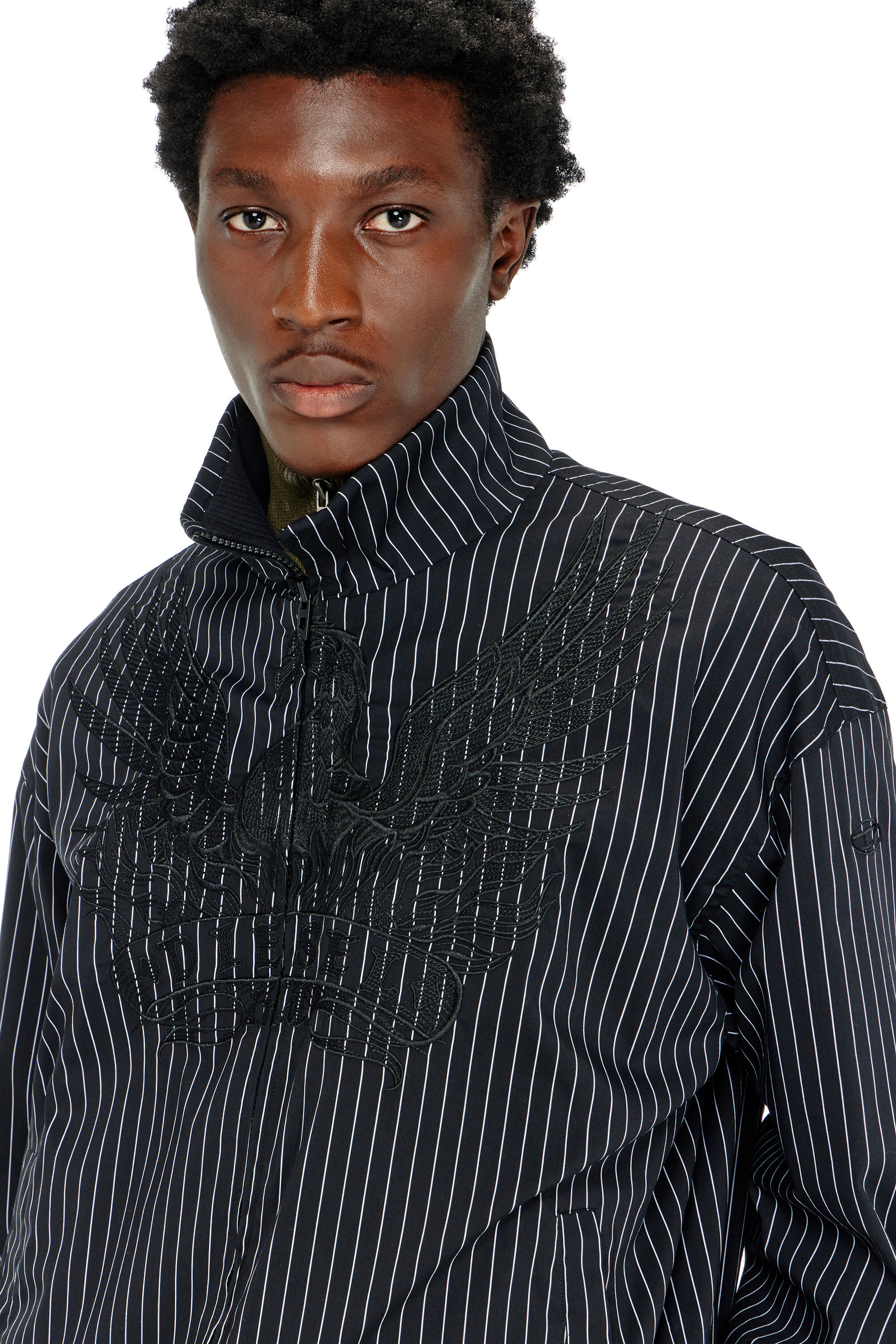 Men's Nylon pinstripe Jacket with Phoenix embroidery | Black