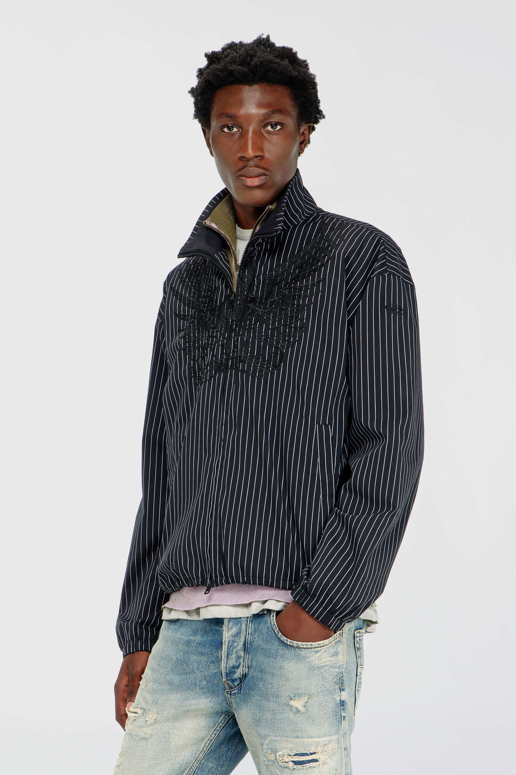 Men's Nylon pinstripe Jacket with Phoenix embroidery | Black