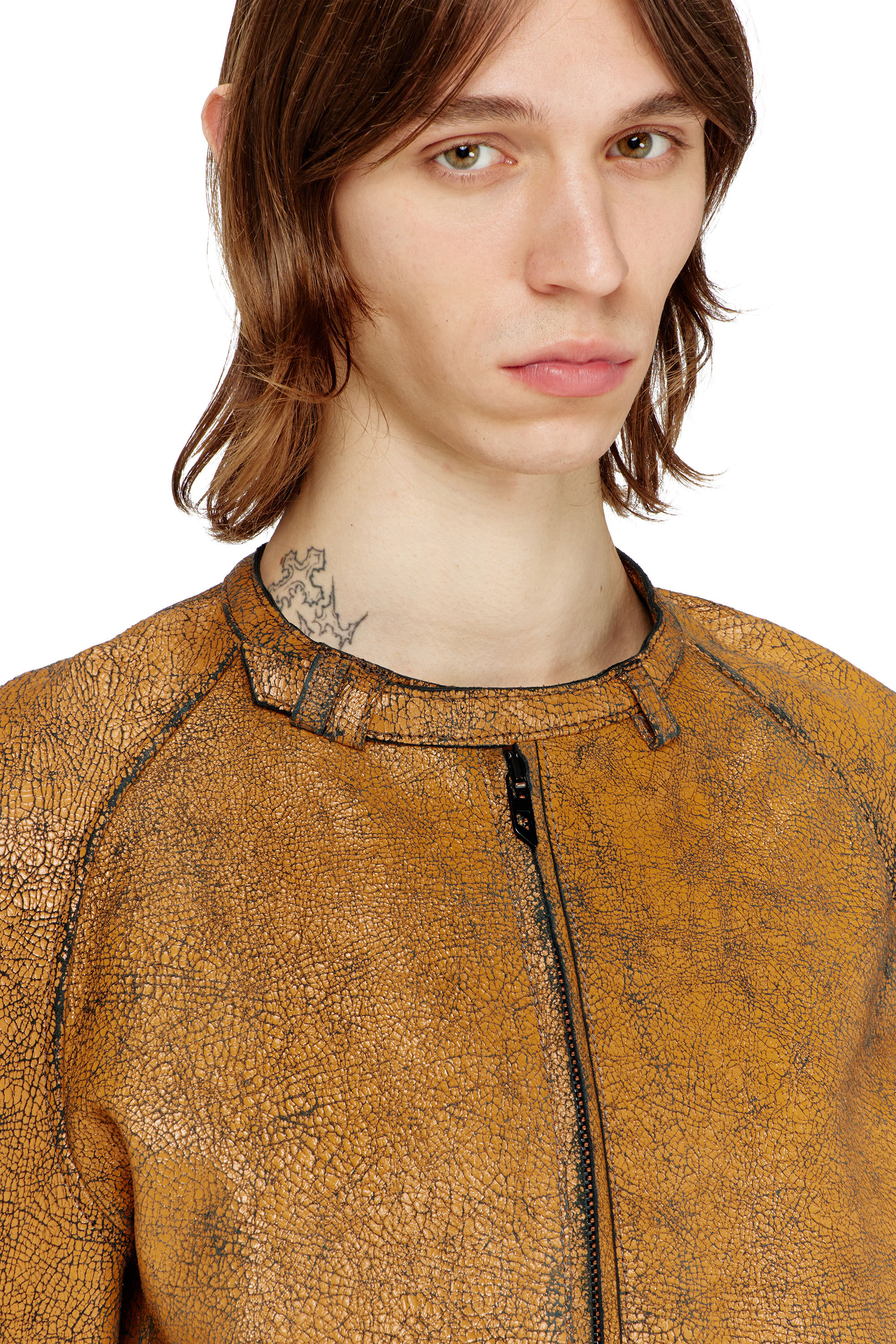 Men's Cocoon-sleeve biker jacket in cracked leather | Brown | Diesel Men's Cocoon-sleeve biker jacket in cracked leather | Brown | Diesel