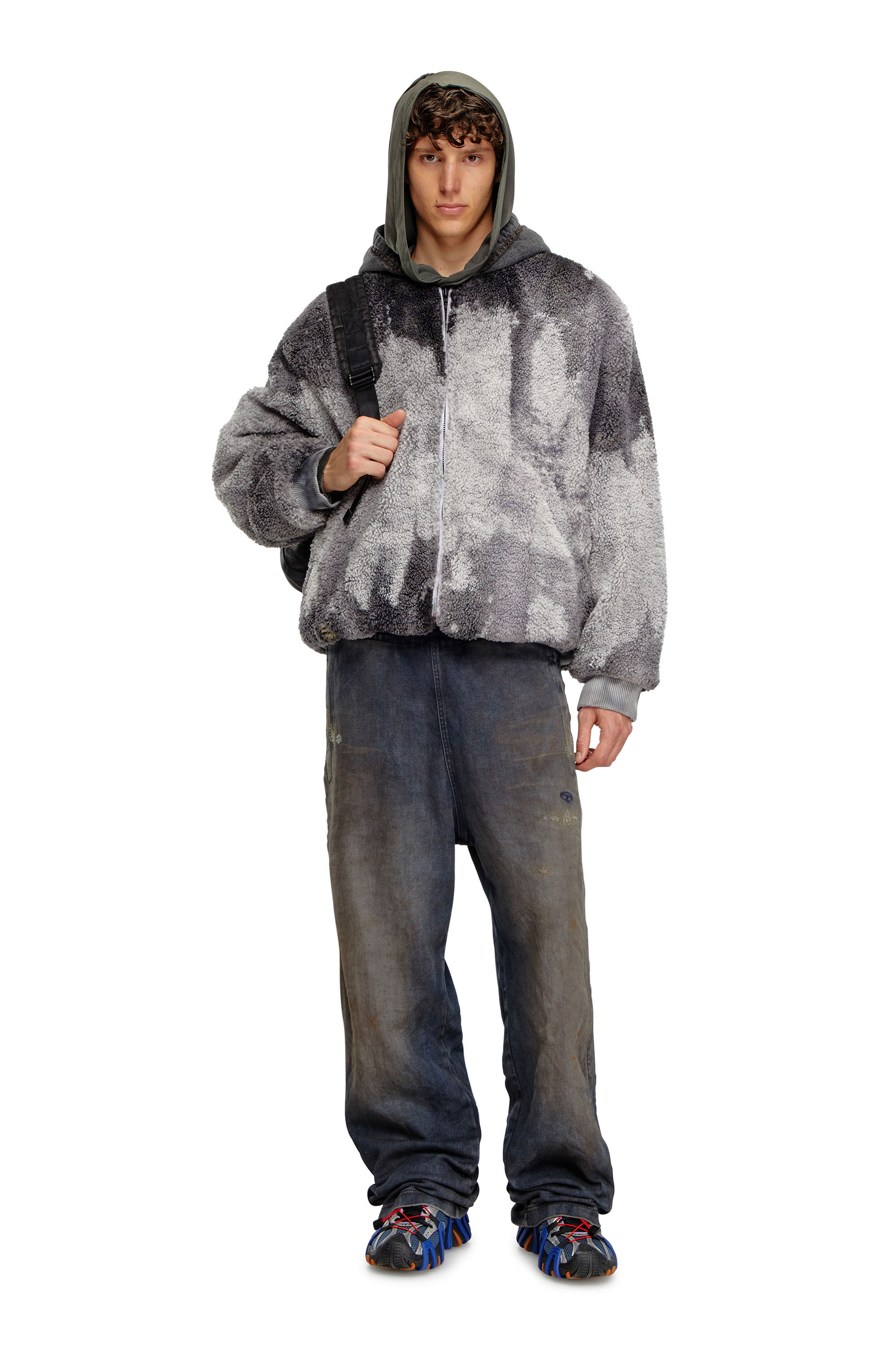 Men s Tie dyed teddy jacket with denim hood Grey Diesel