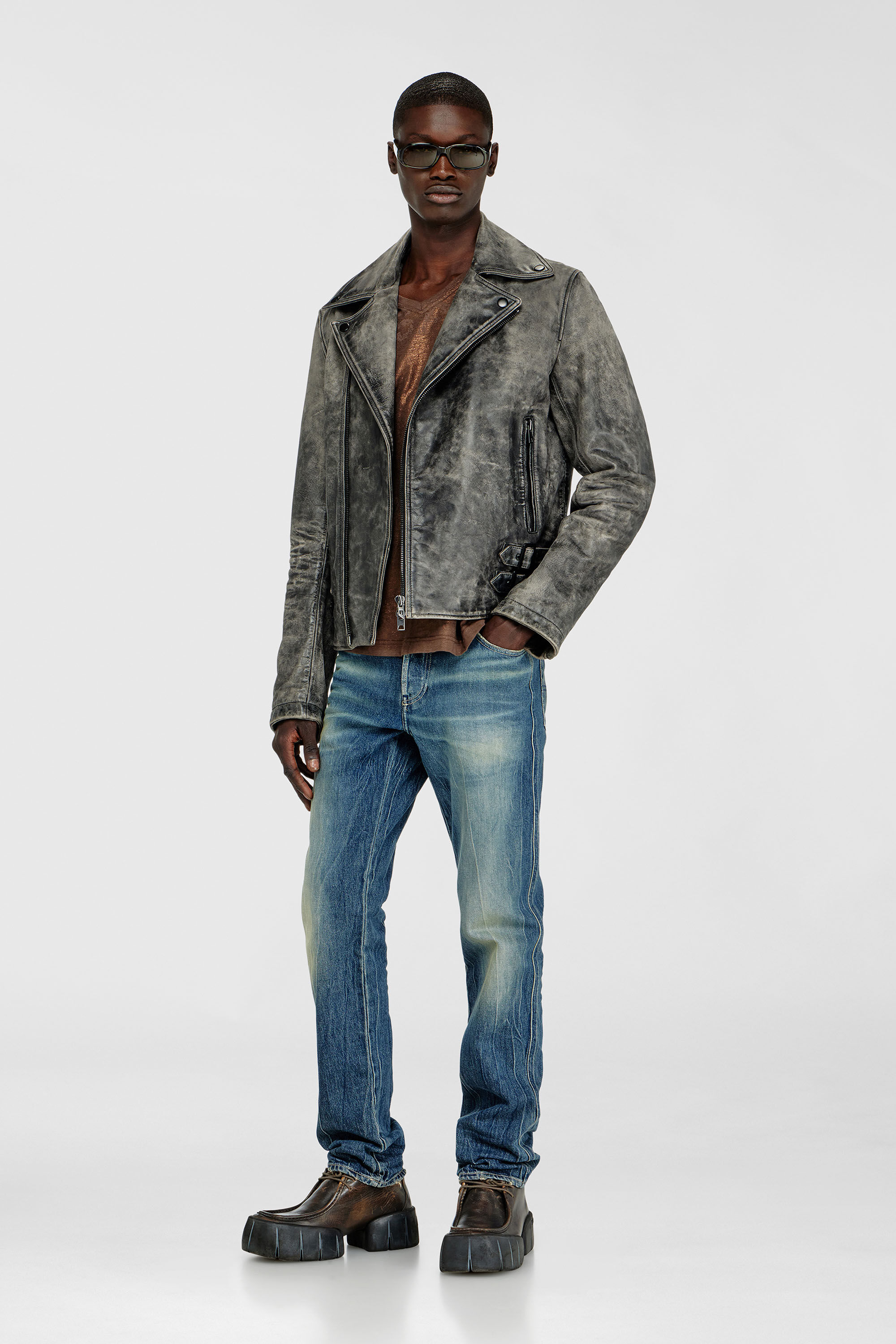 Men's Biker jacket in treated leather | Grey | Diesel TR