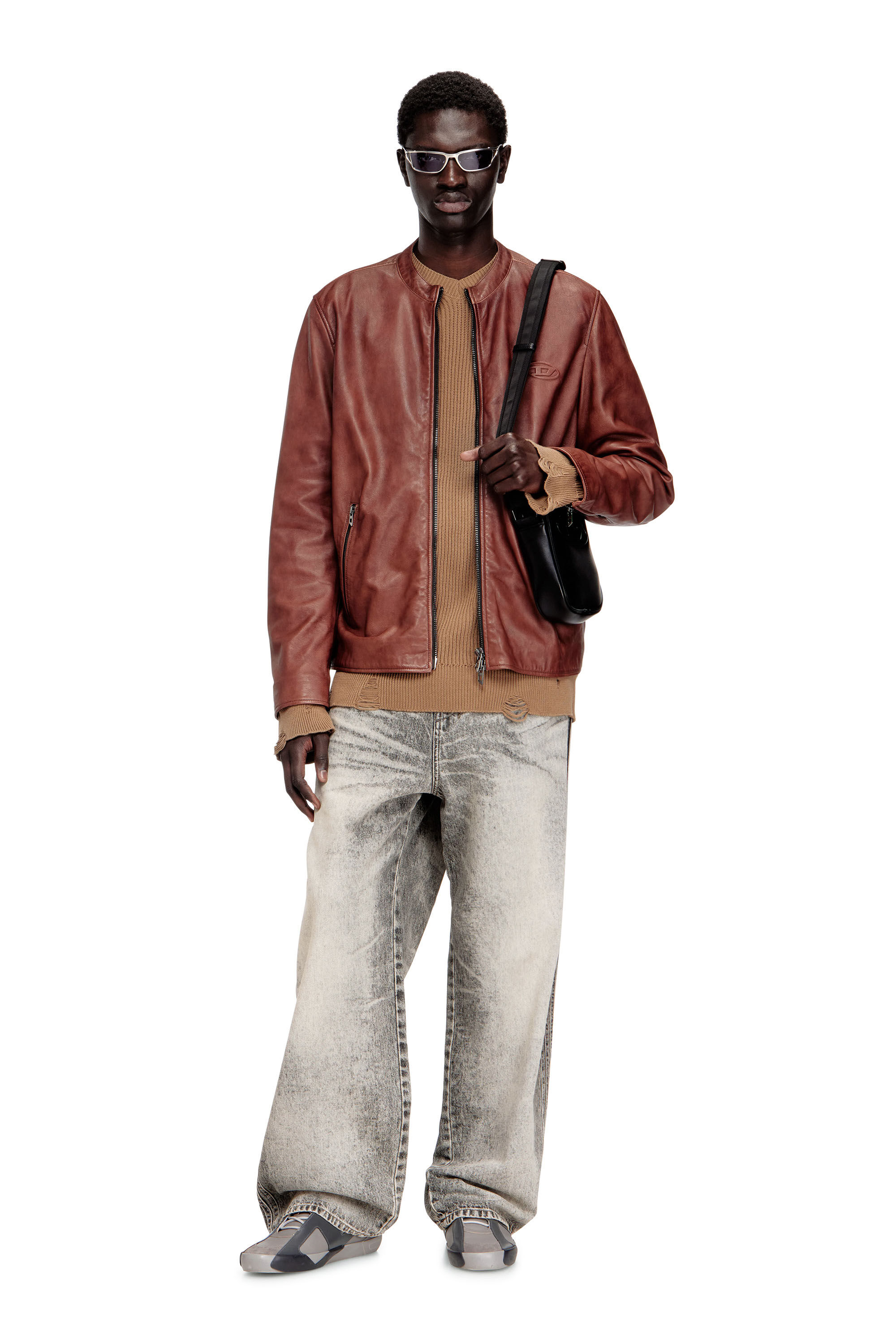 Men's Leather biker jacket with archival logo | Red | Diesel TR