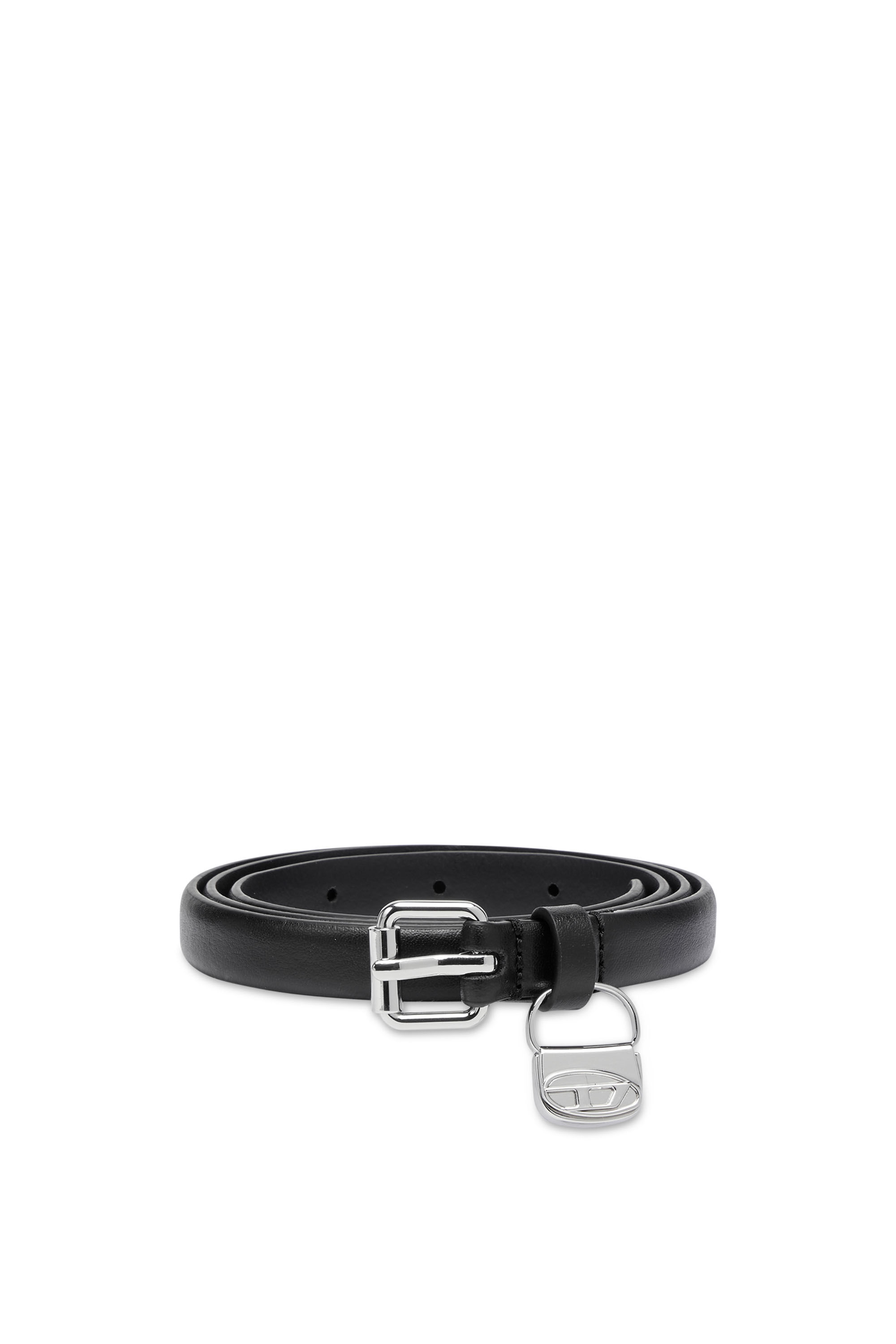 Women's Slim leather belt with 1DR bag charm | Black | Diesel