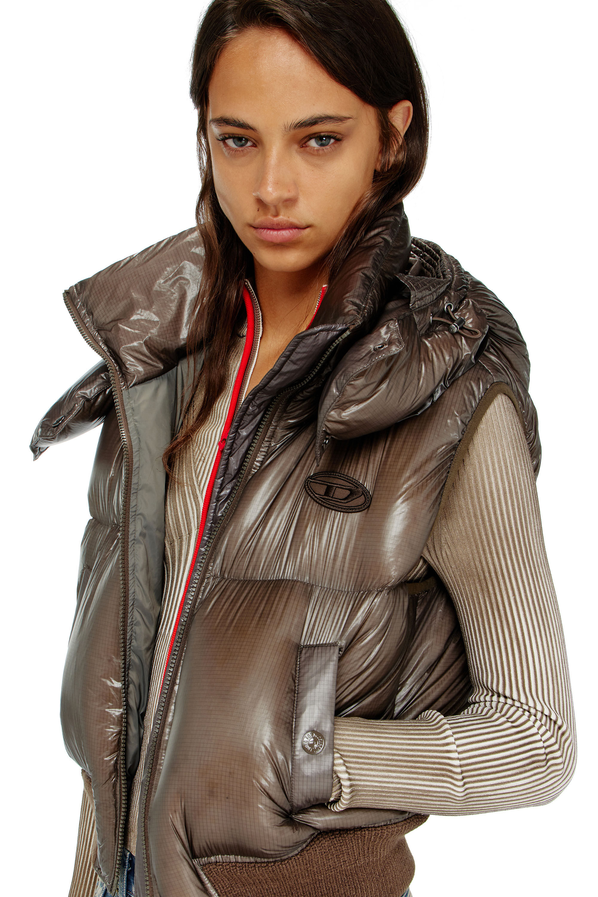 Diesel - W-PEYT-SSL-NEW-T1, Woman's Down vest in ripstop with detachable hood in Brown - 6