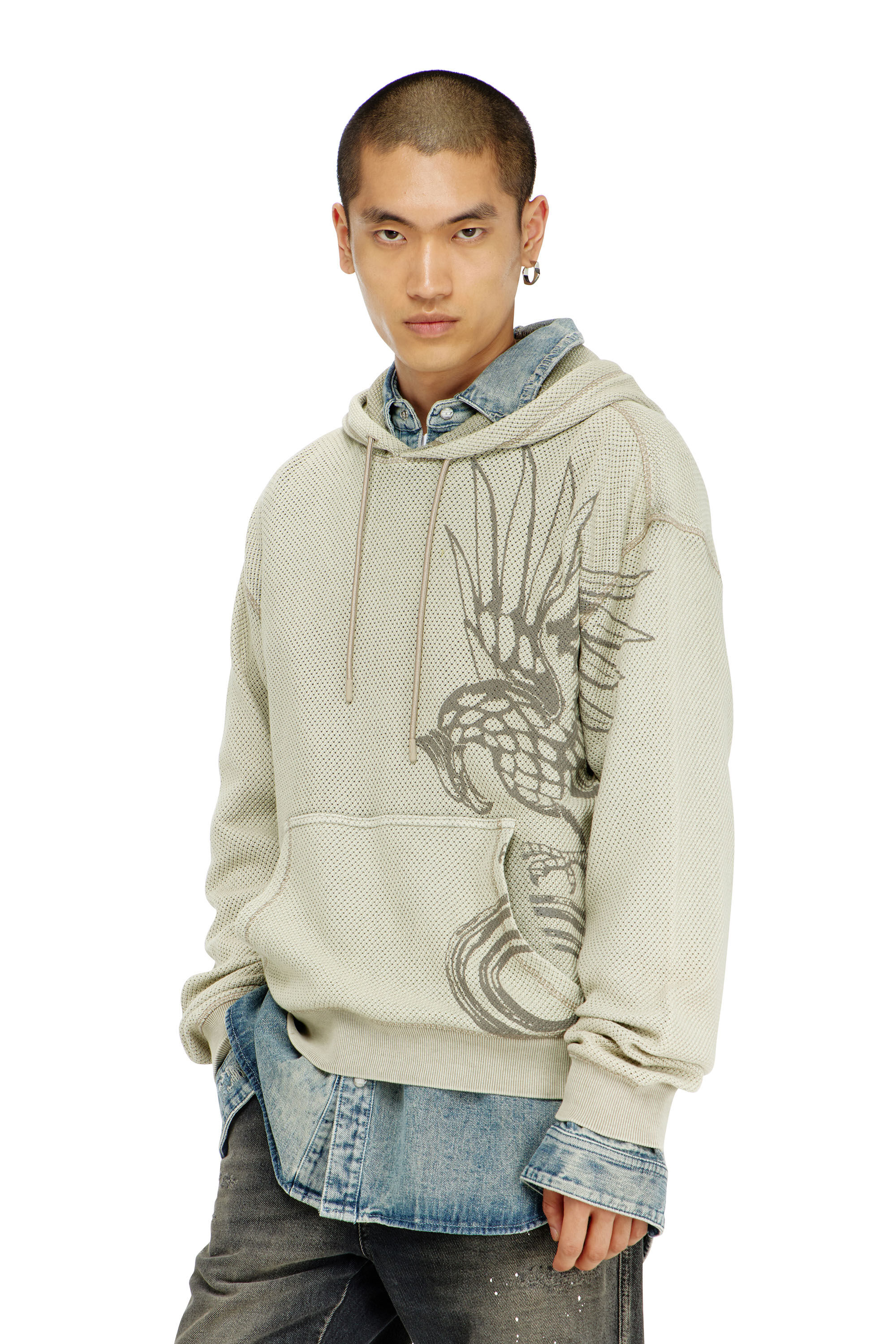 Diesel - S-NORM-HOOD-AA1, Man's Hoodie in textured cotton mesh in Beige - 1