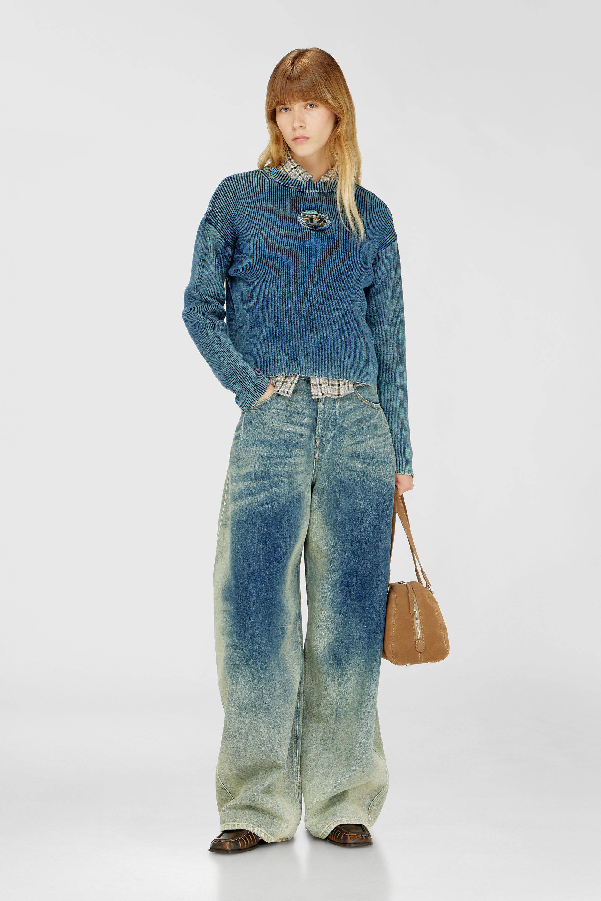 Diesel - M-ANCHOREX, Woman's Cut-out ribbed jumper with Oval D plaque in Blue - 1