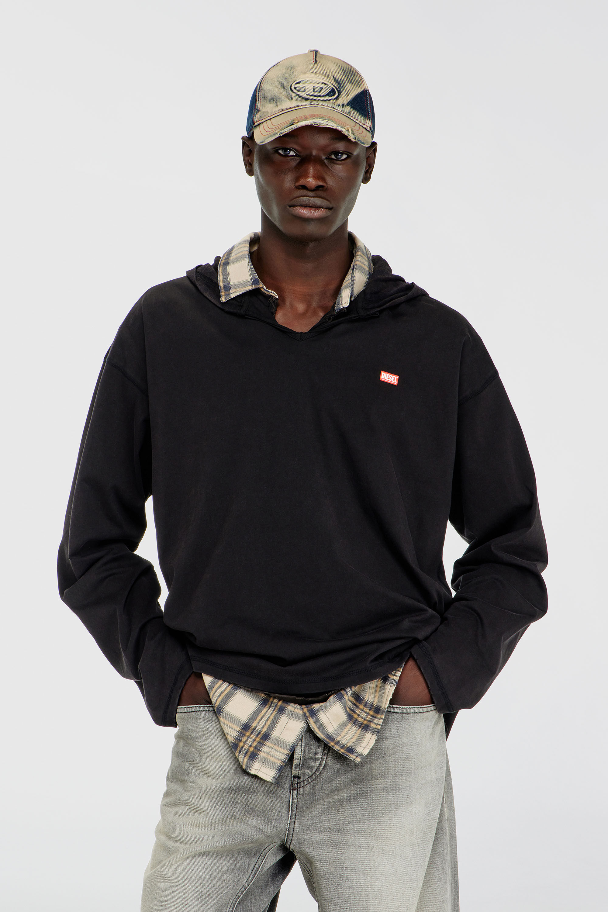 Men's Long-sleeve T-shirt with flannel hood | Black | Diesel TR