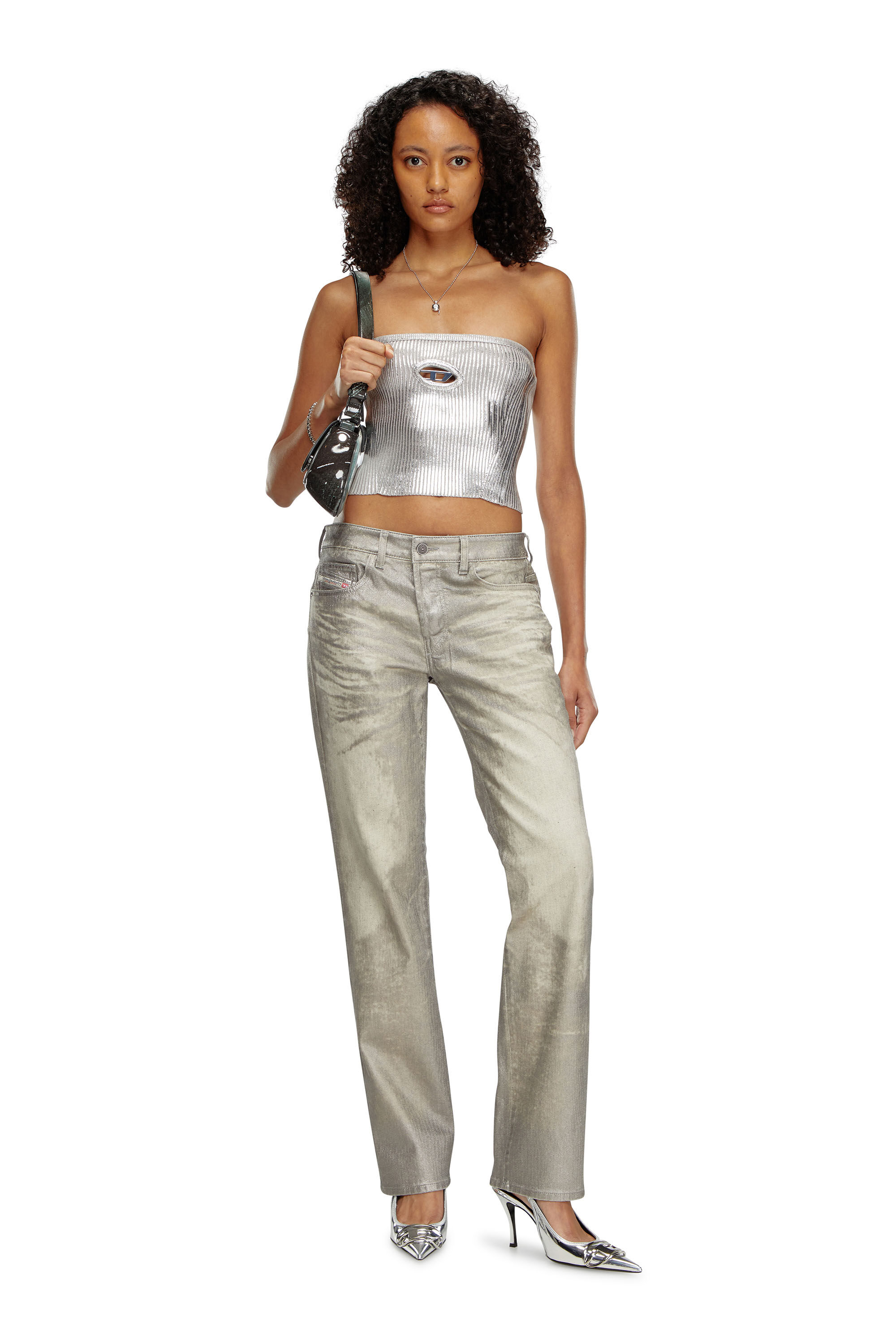 Women's Metallic tube top with logo hardware | Grey | Diesel