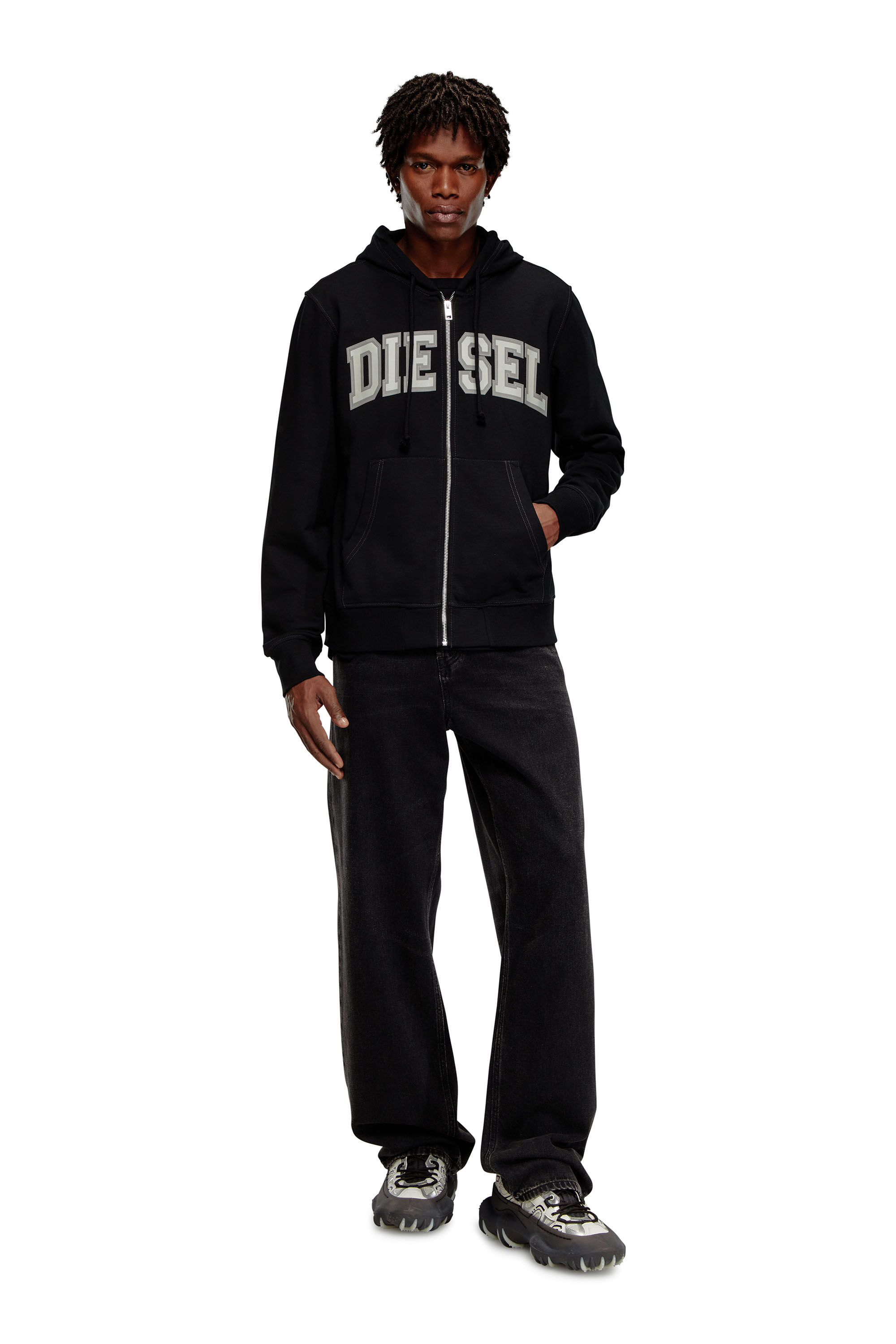 Men s Zip up hoodie with collegiate graphics Black Diesel