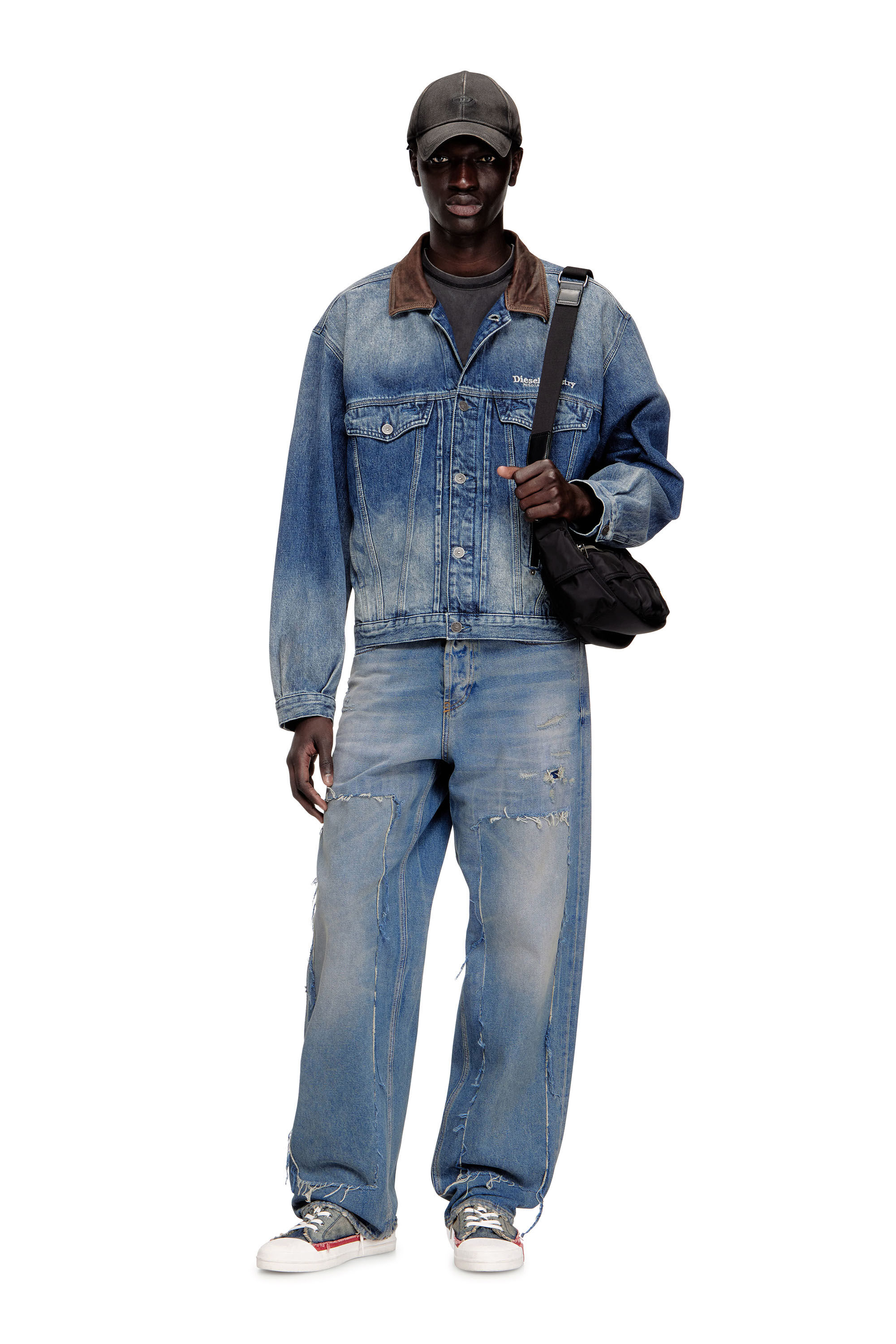 Women's Denim trucker jacket with contrast leather trims | Blue