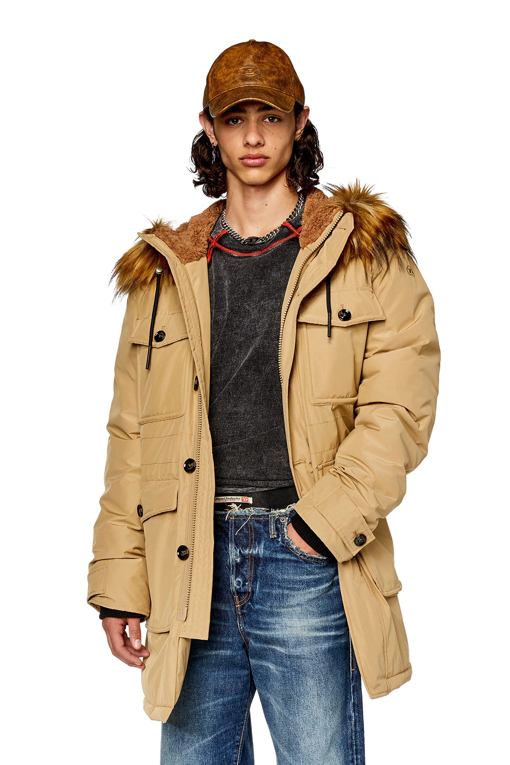 Men's Padded parka with fluffy trim at hood | Brown | Diesel