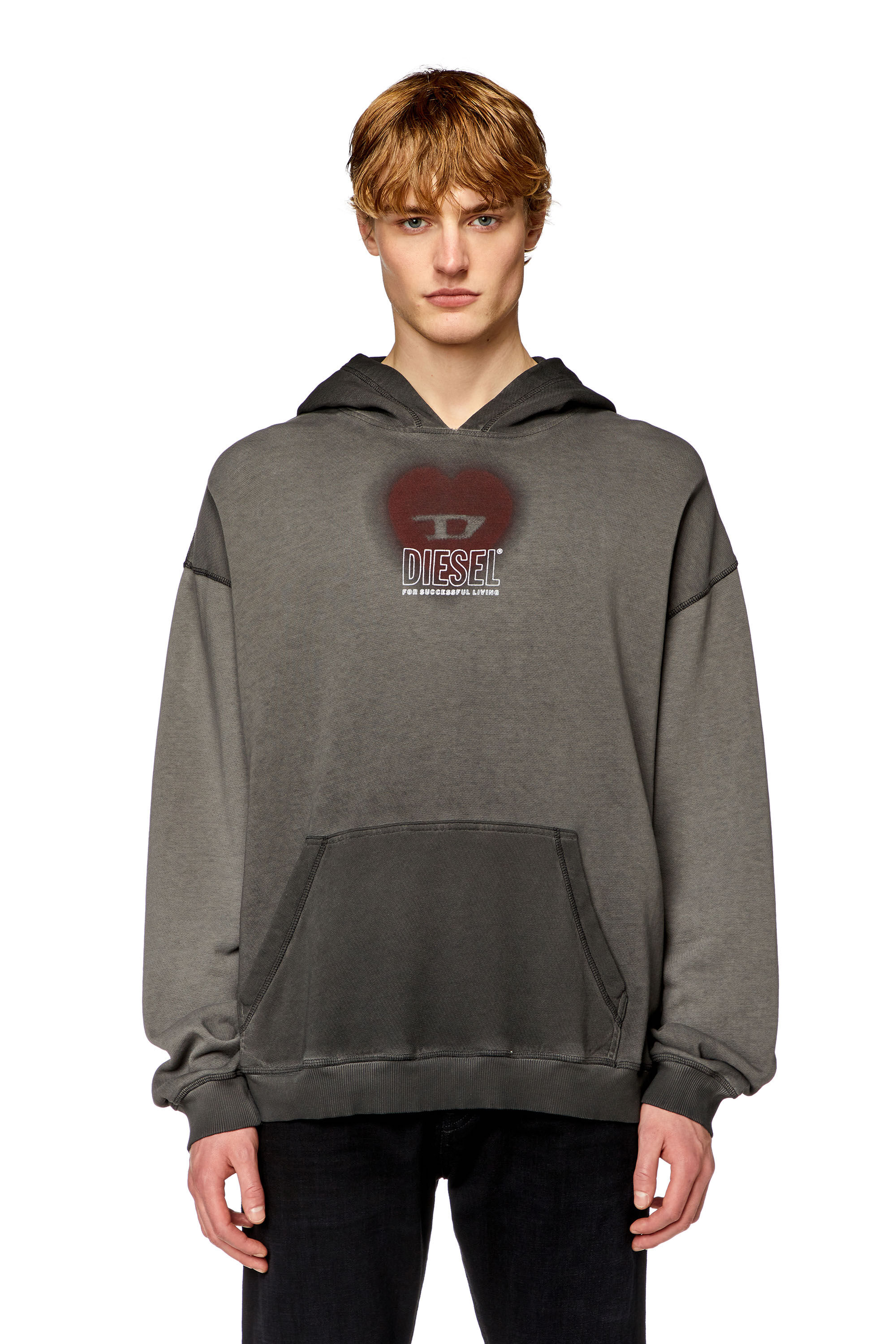 Diesel - S-BOXT-HOOD-N10, Man's Faded hoodie with heart print in Black - 2