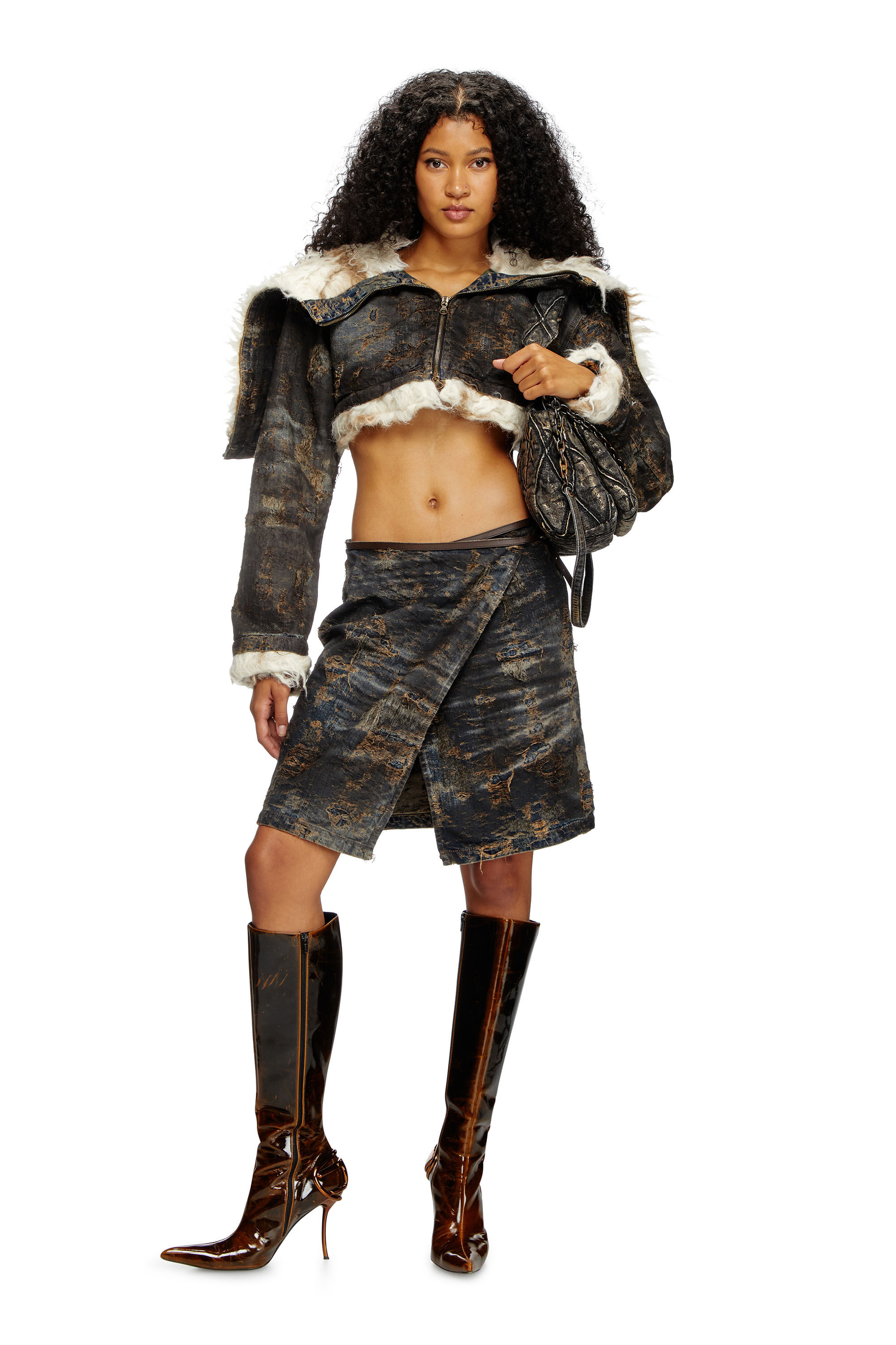 Women's Wrap skirt in coated jacquard denim | Brown | Diesel