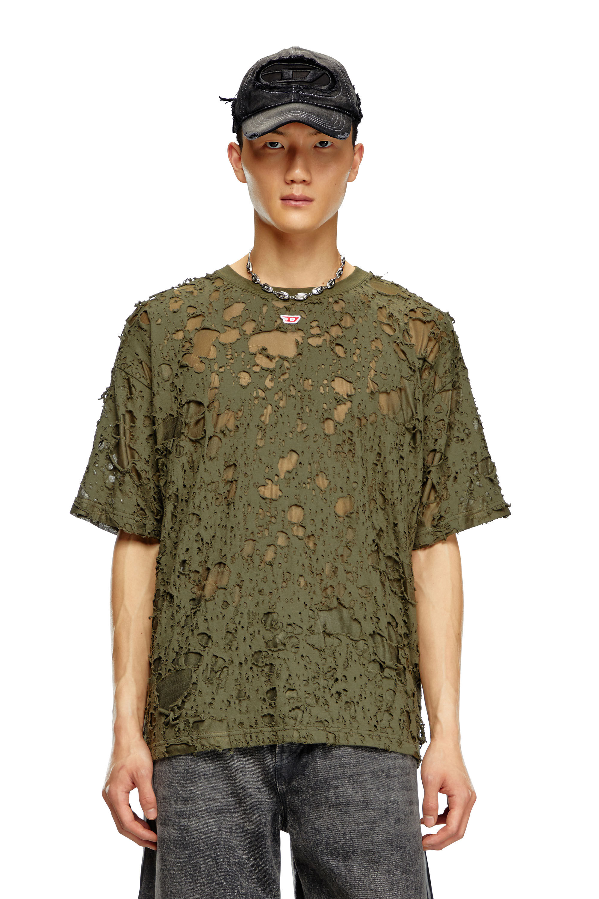 Diesel - T-BOXT-Q3, Man's Layered T-shirt with burn-out finish in Military Green - 3