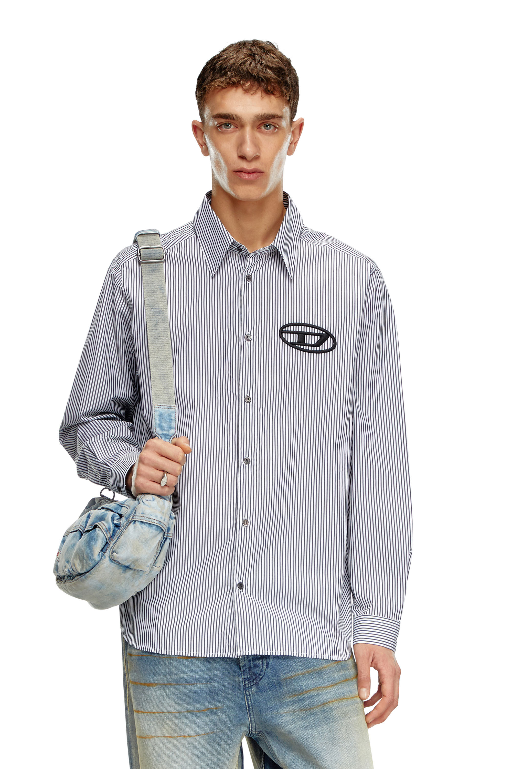 Men's Striped shirt with Oval D embroidery | Black | Diesel