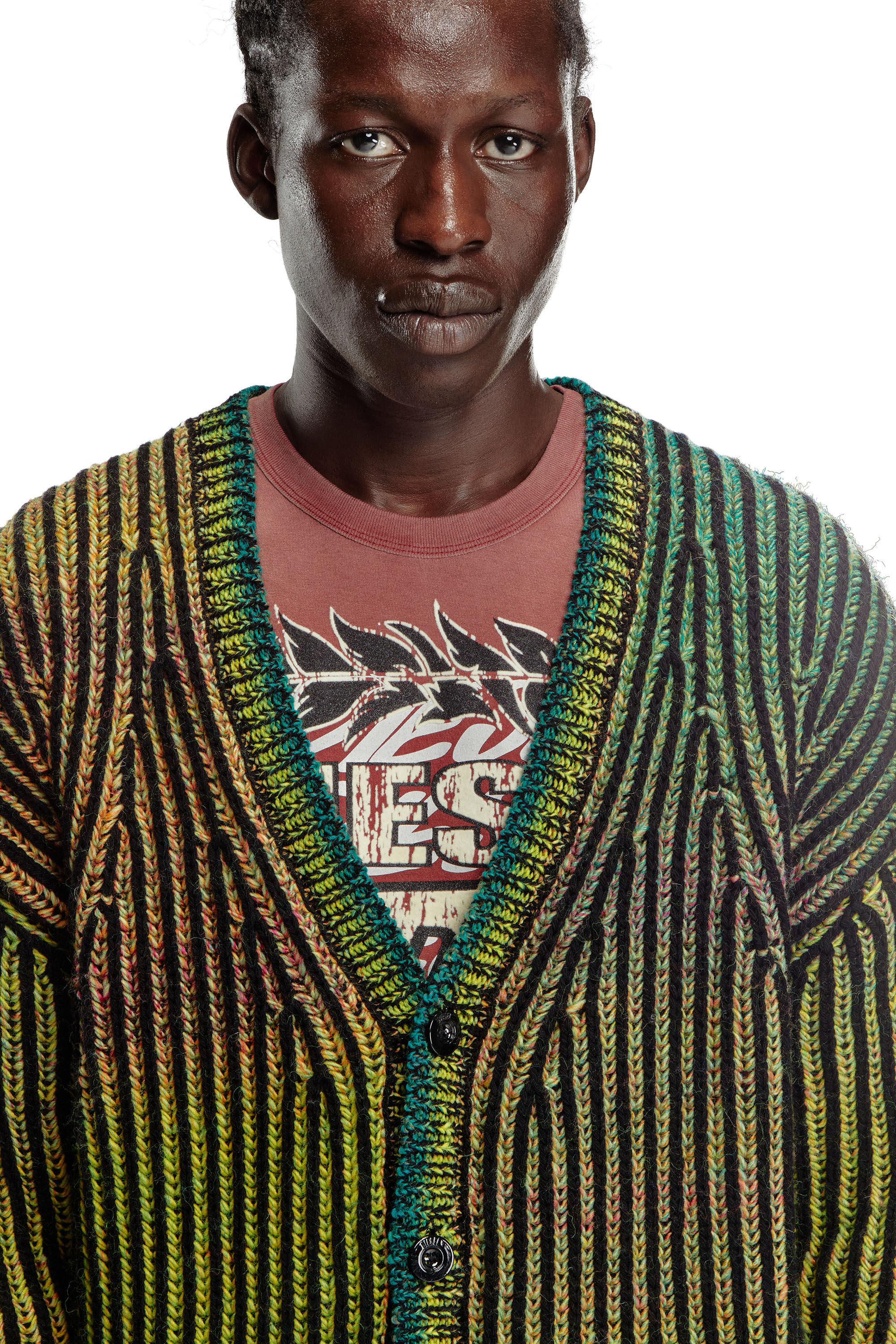 Men's Striped ribbed cardigan in wool blend | Green | Diesel