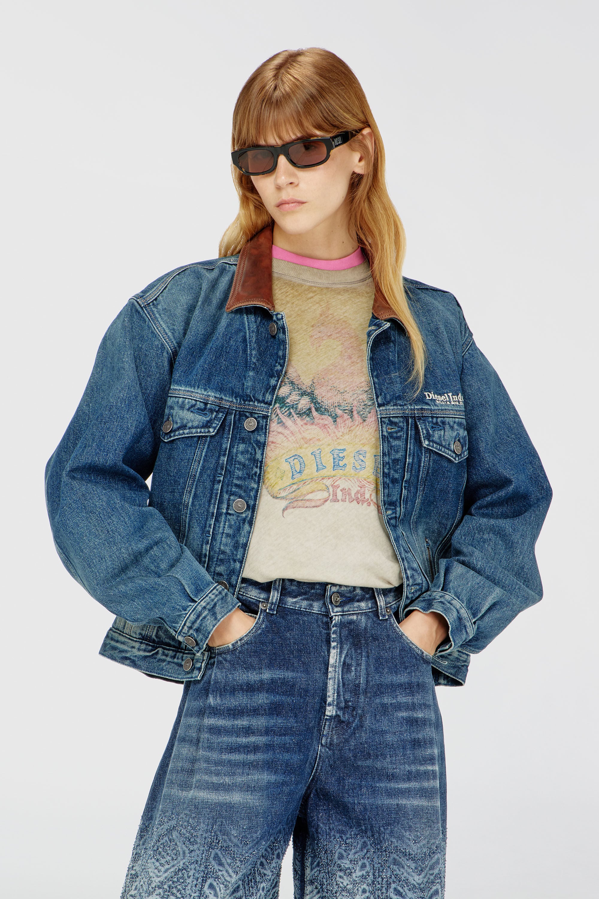 Women's Denim trucker jacket with contrast leather trims | Blue