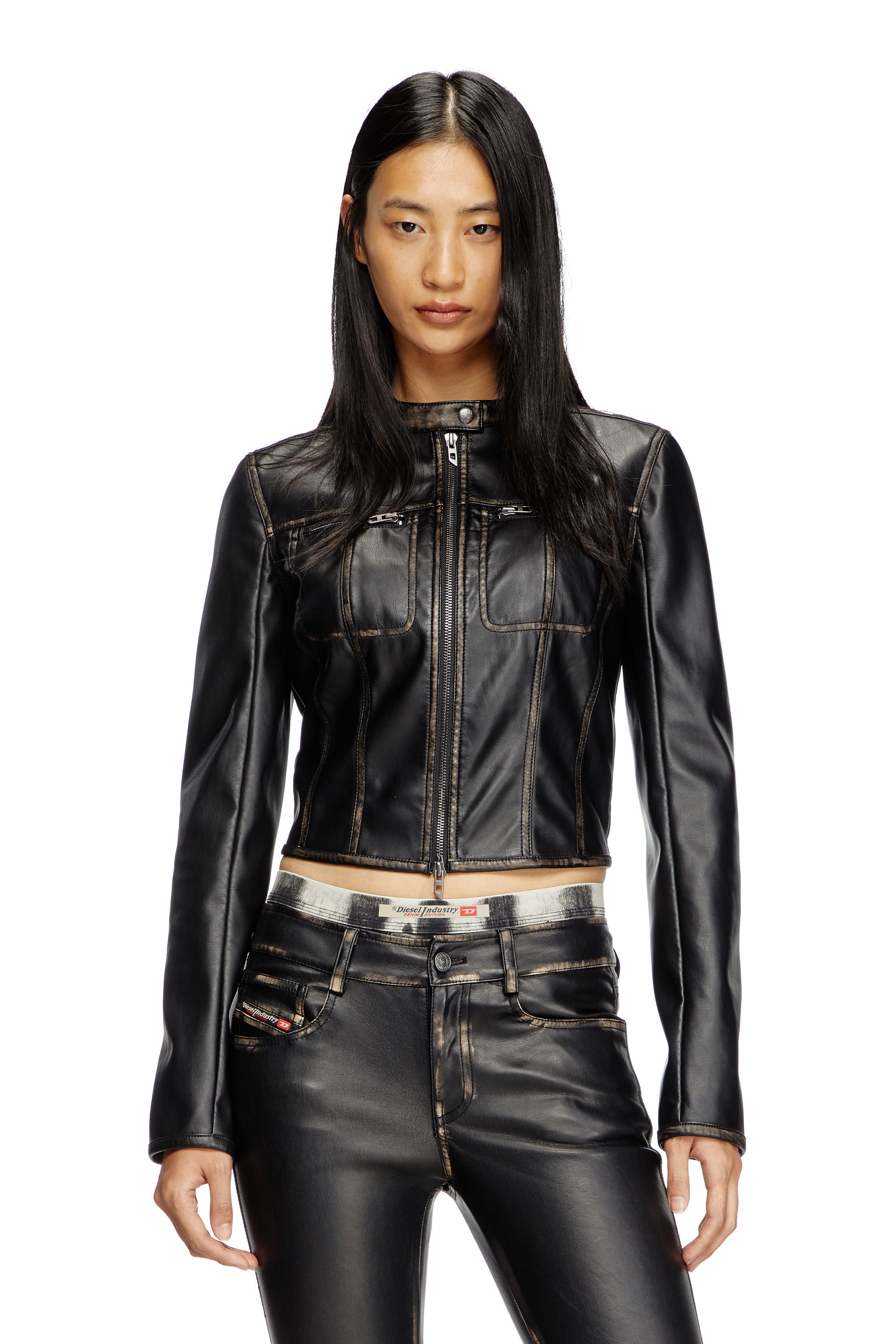 Women's Cropped distressed biker jacket | Black | Diesel