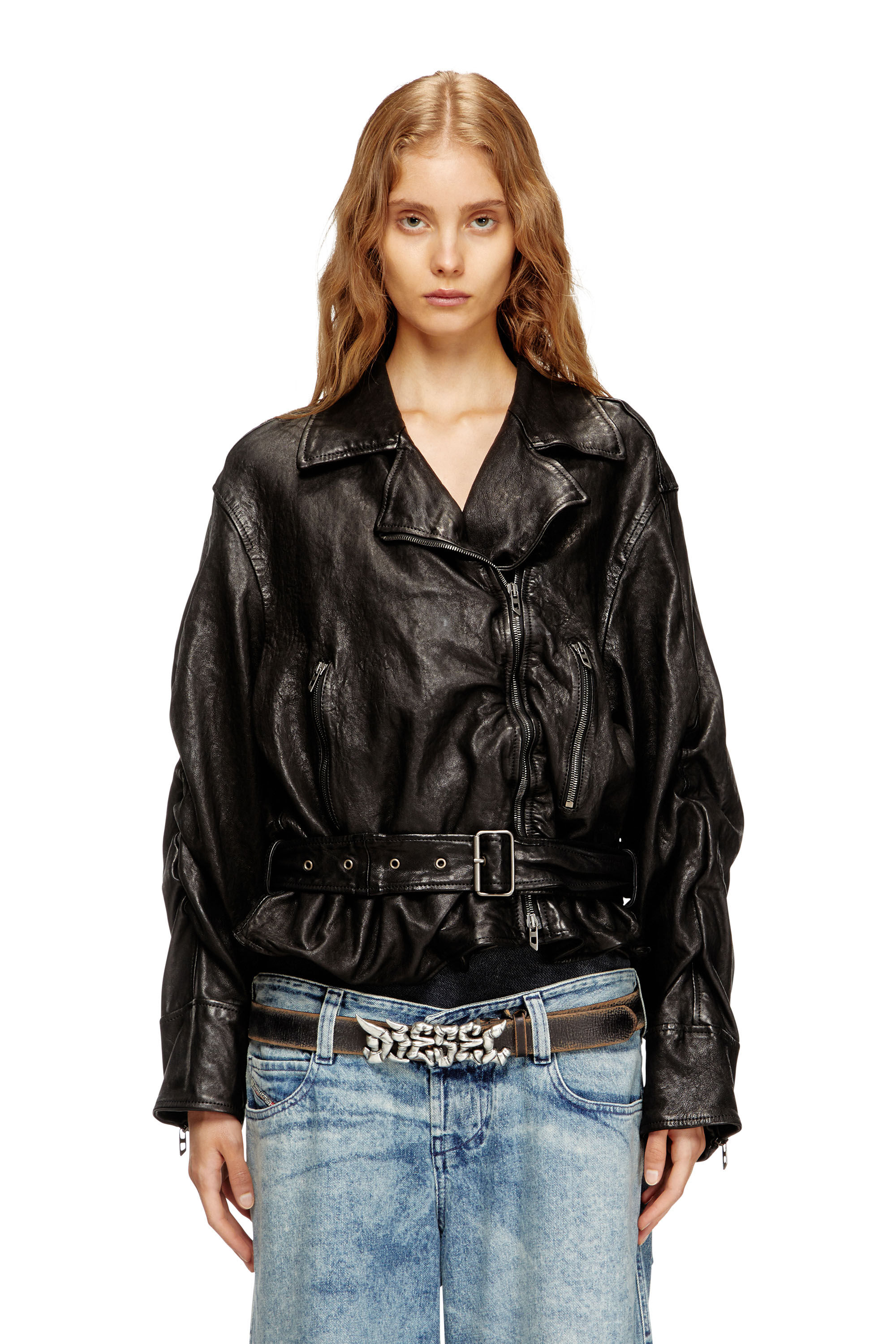 Women's Belted jacket in boiled leather | Black | Diesel