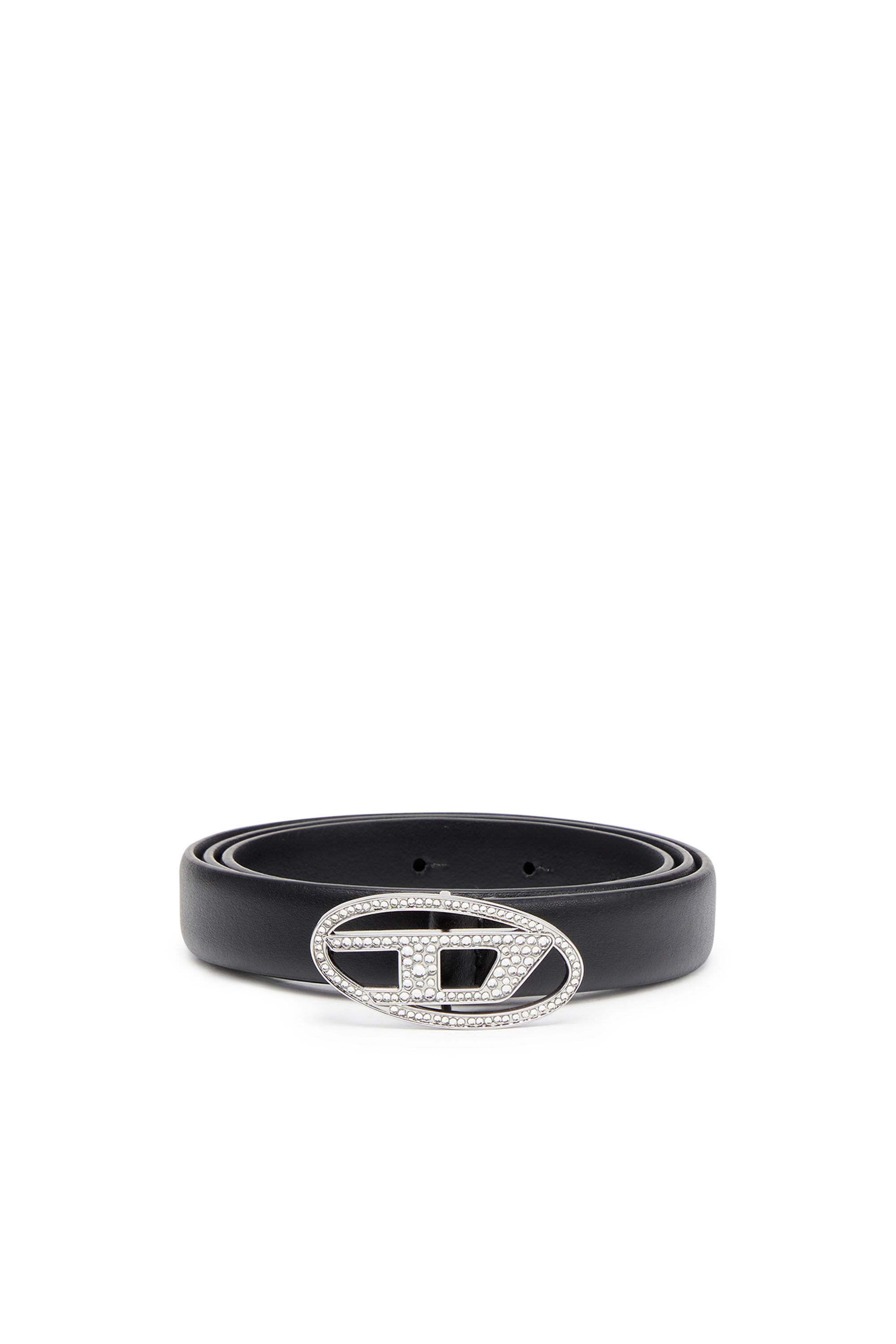 Women s Slim leather belt with crystal buckle Black Diesel