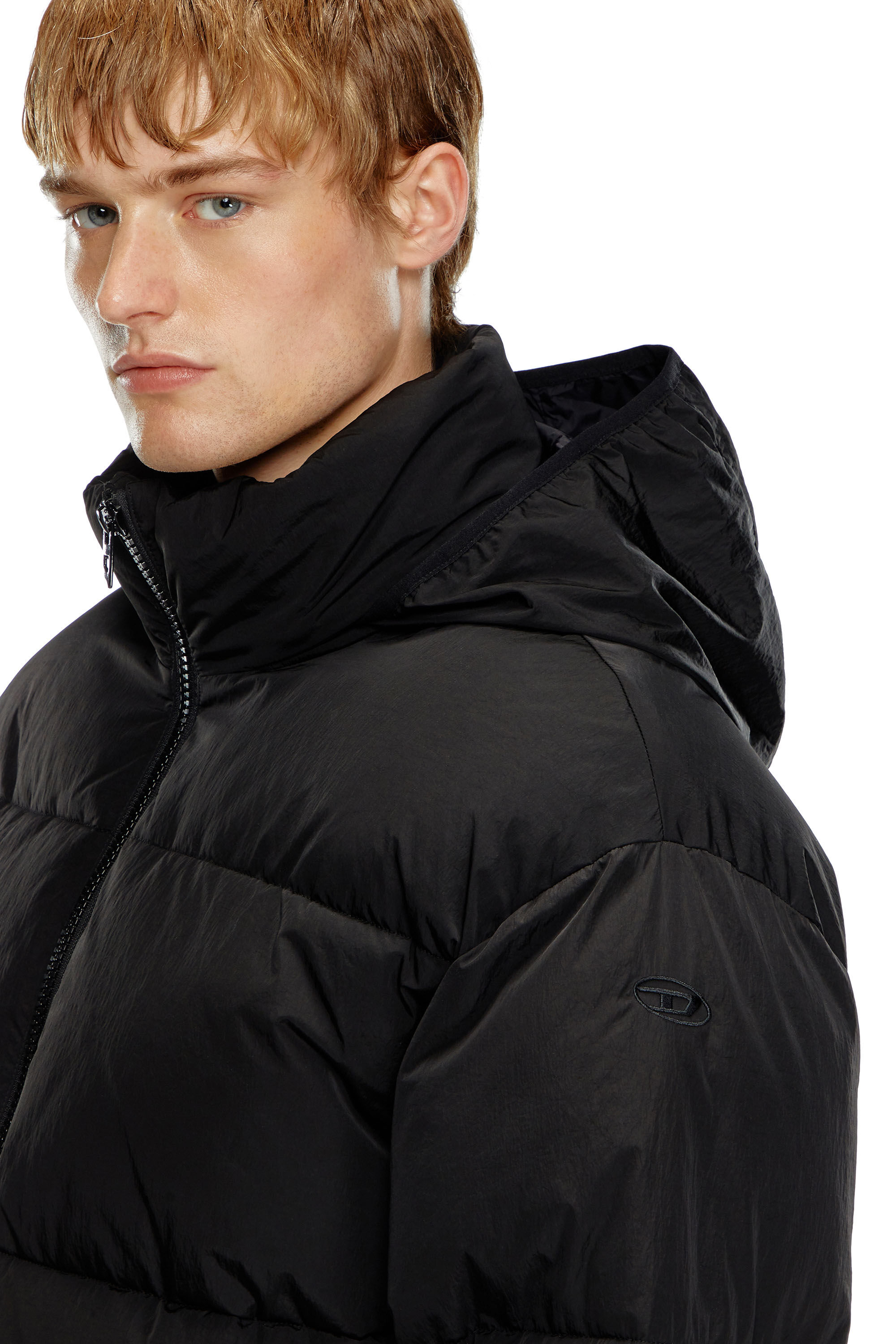 Men's Hooded down jacket in wrinkled nylon | Black | Diesel