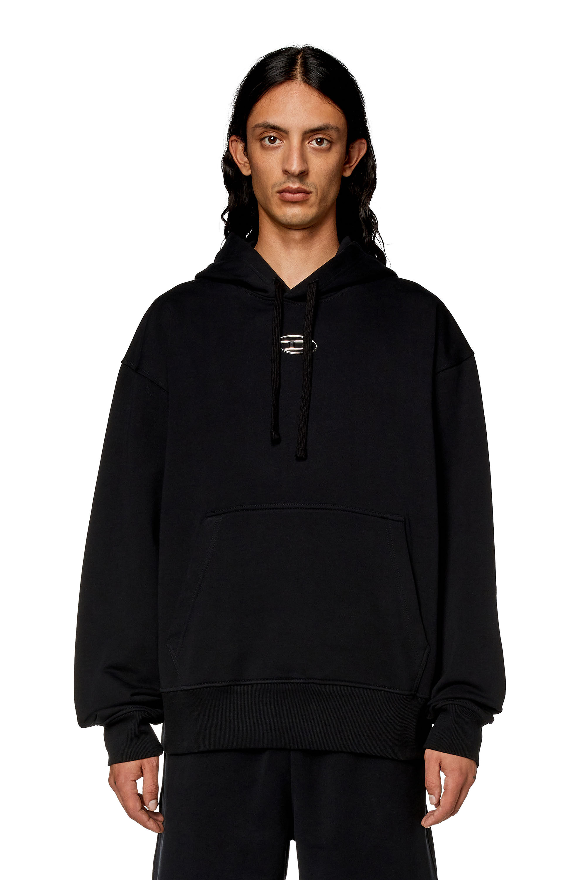 S-MACS-HOOD-OD Men: Oversized black hoodie metallic logo