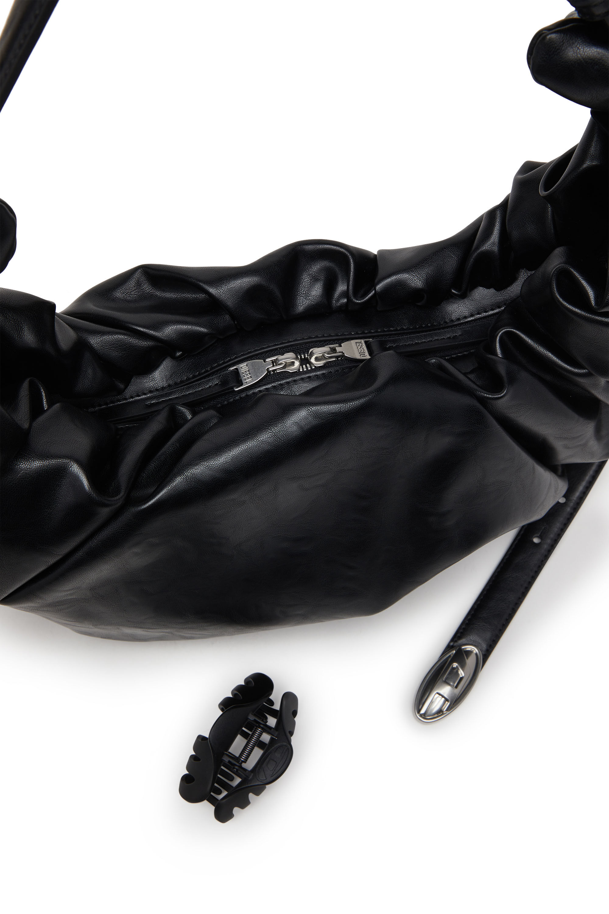 Diesel - GRAB-D HOBO L, Woman's Grab-D L-Large scrunched hobo bag in shiny PU in Black - 2