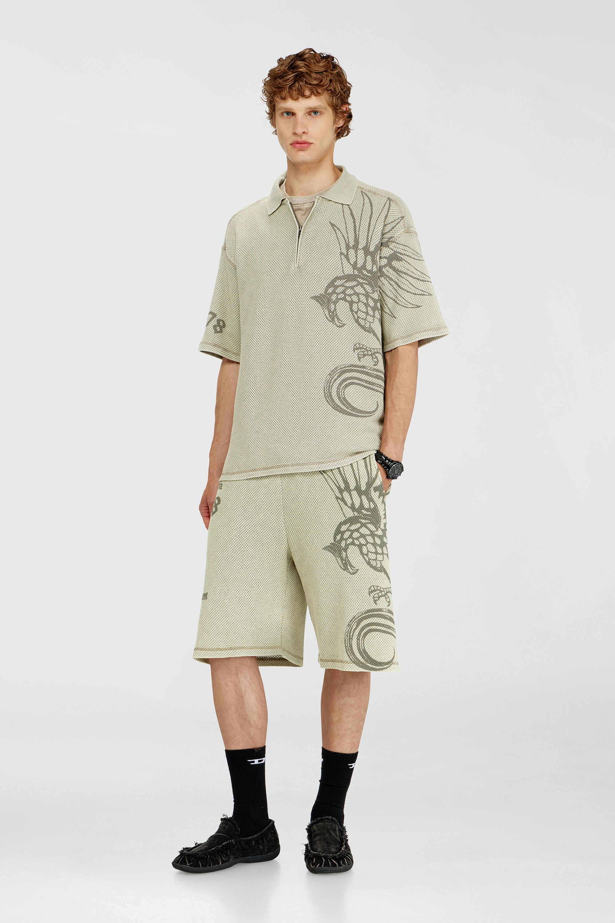 Diesel - T-ERRY-ZIP, Man's Mesh-jacquard polo shirt with Phoenix print in Beige - 3