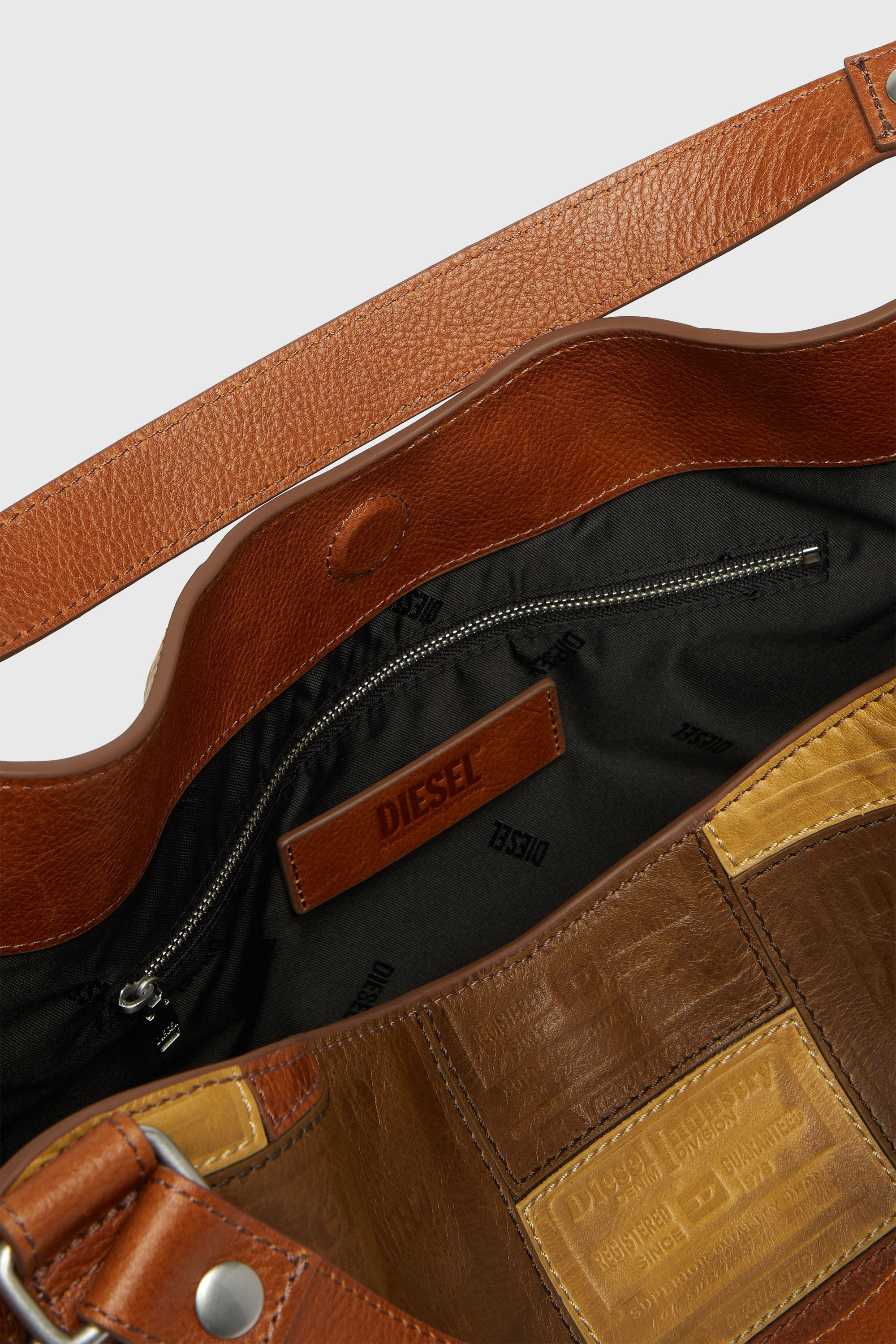 Diesel - D-ONE TOPHANDLE M, Unisex's D-One-Medium top-handle bag in patchwork leather in Brown - 4