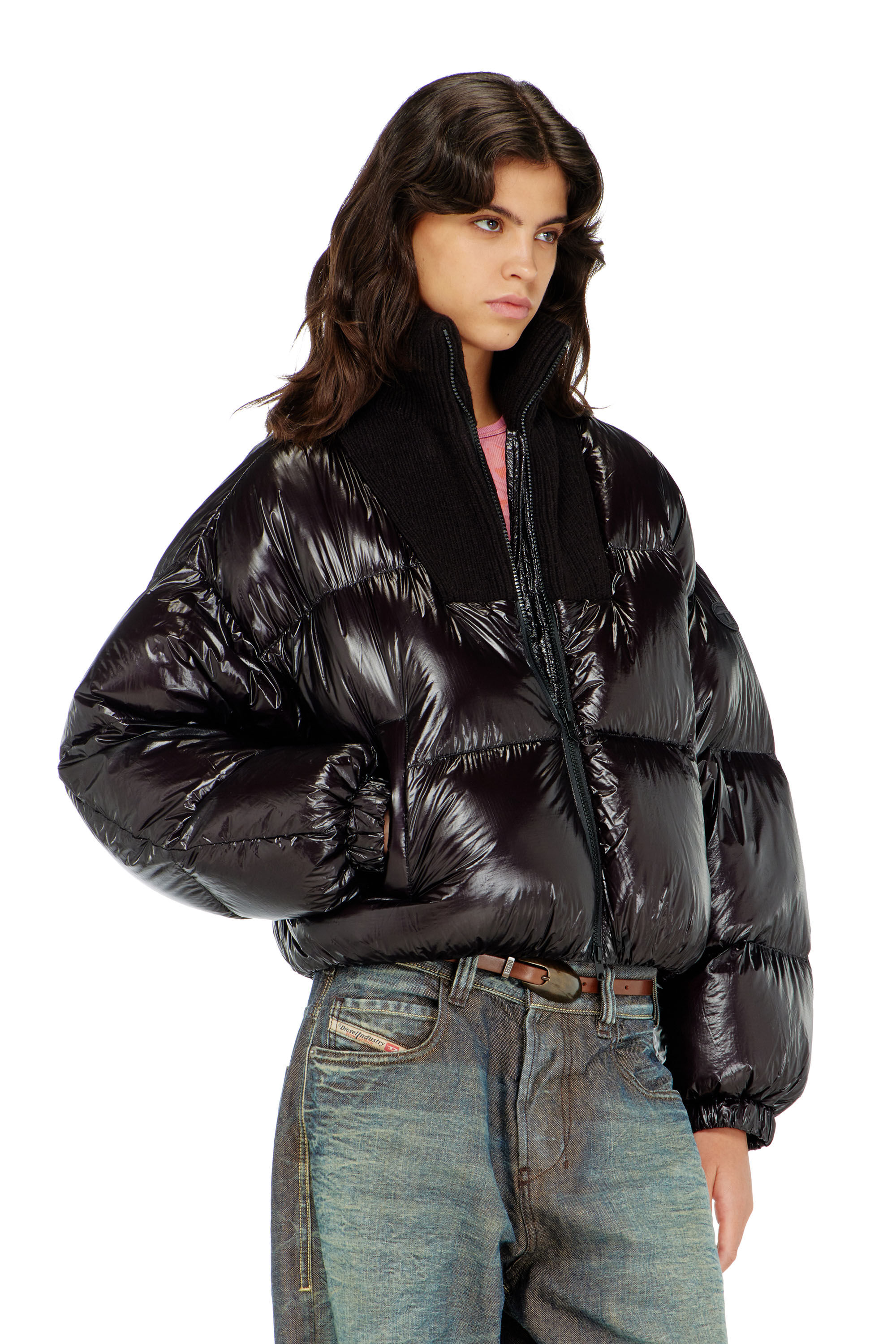 Diesel - W-ARRIOR, Woman's Down puffer jacket in ripstop with knitted collar in null - 3