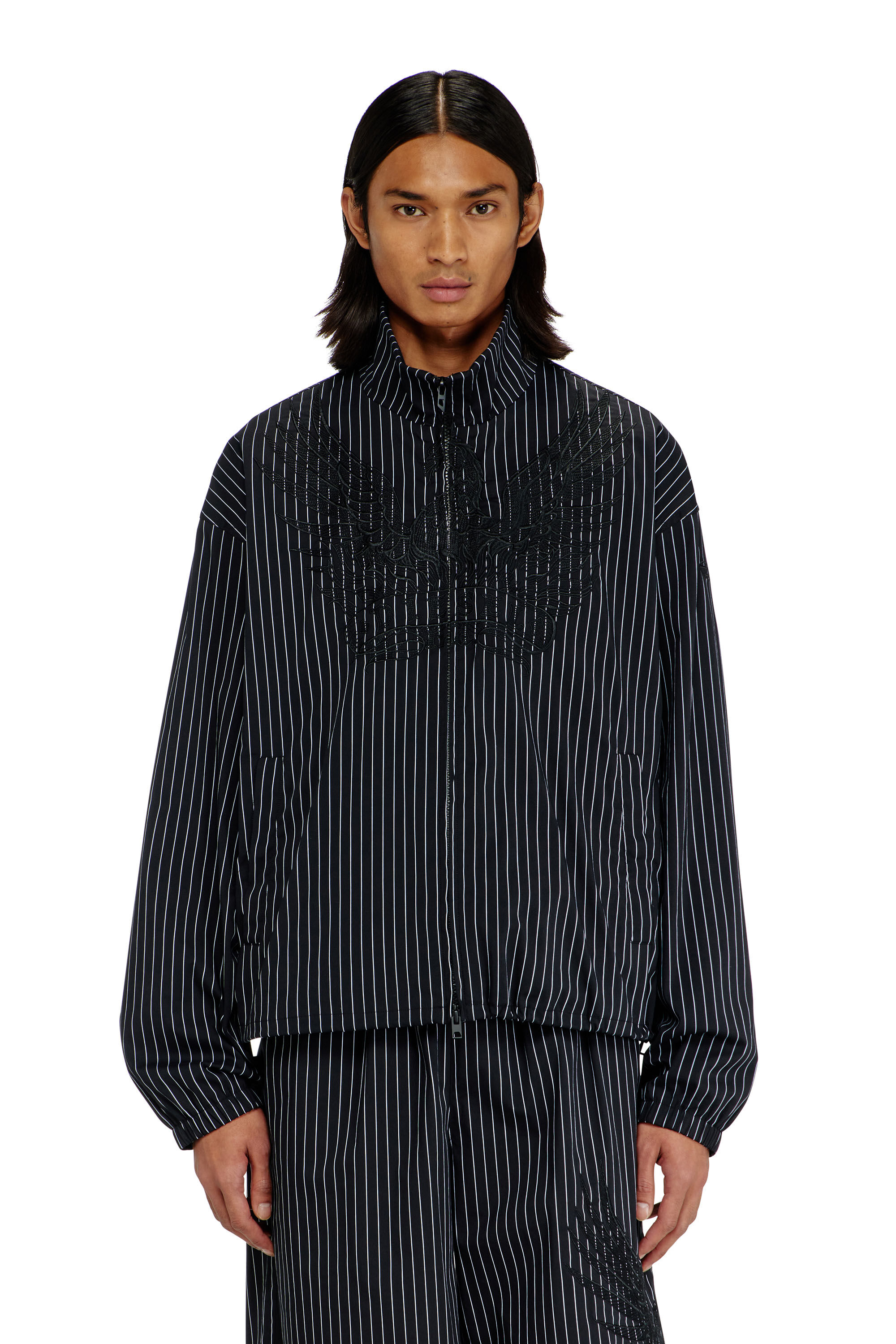 DIESELW-FLORES JACKET オーバーサイズ、サイズ:M Men's Nylon pinstripe Jacket with Phoenix embroidery | Black | Diesel