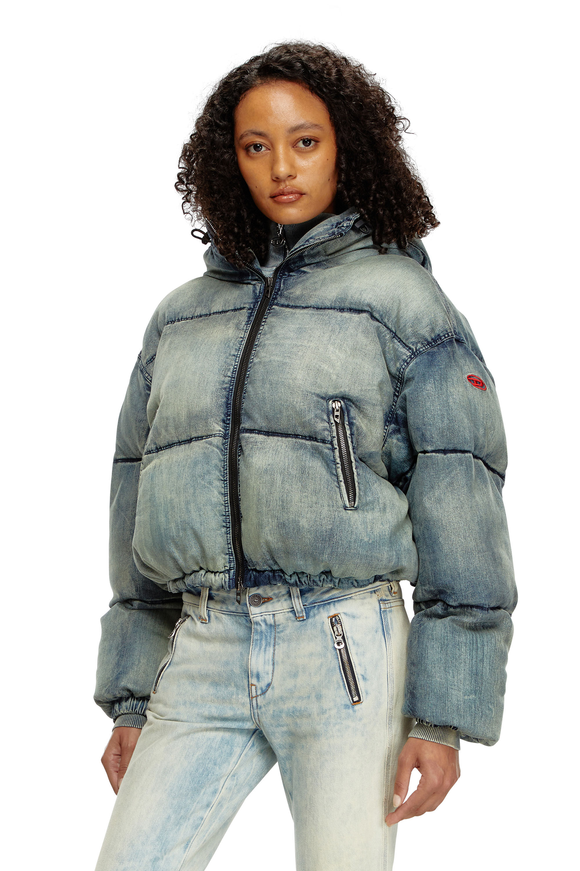 Women's Cropped hooded puffer jacket in denim | Blue | Diesel