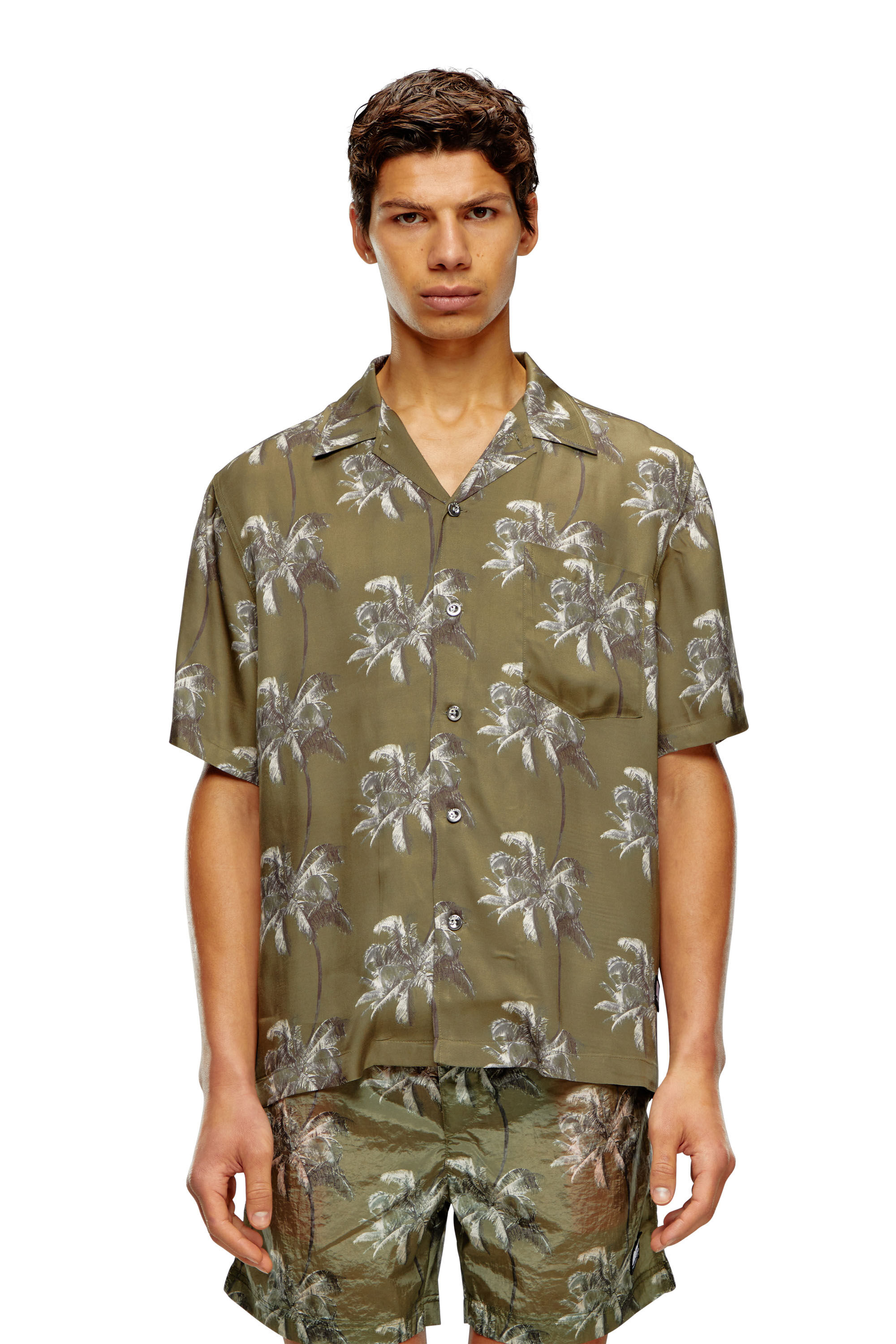 Diesel - BMOWT-ADRIAN, Man's Beach shirt with palm trees print in Brown - 5