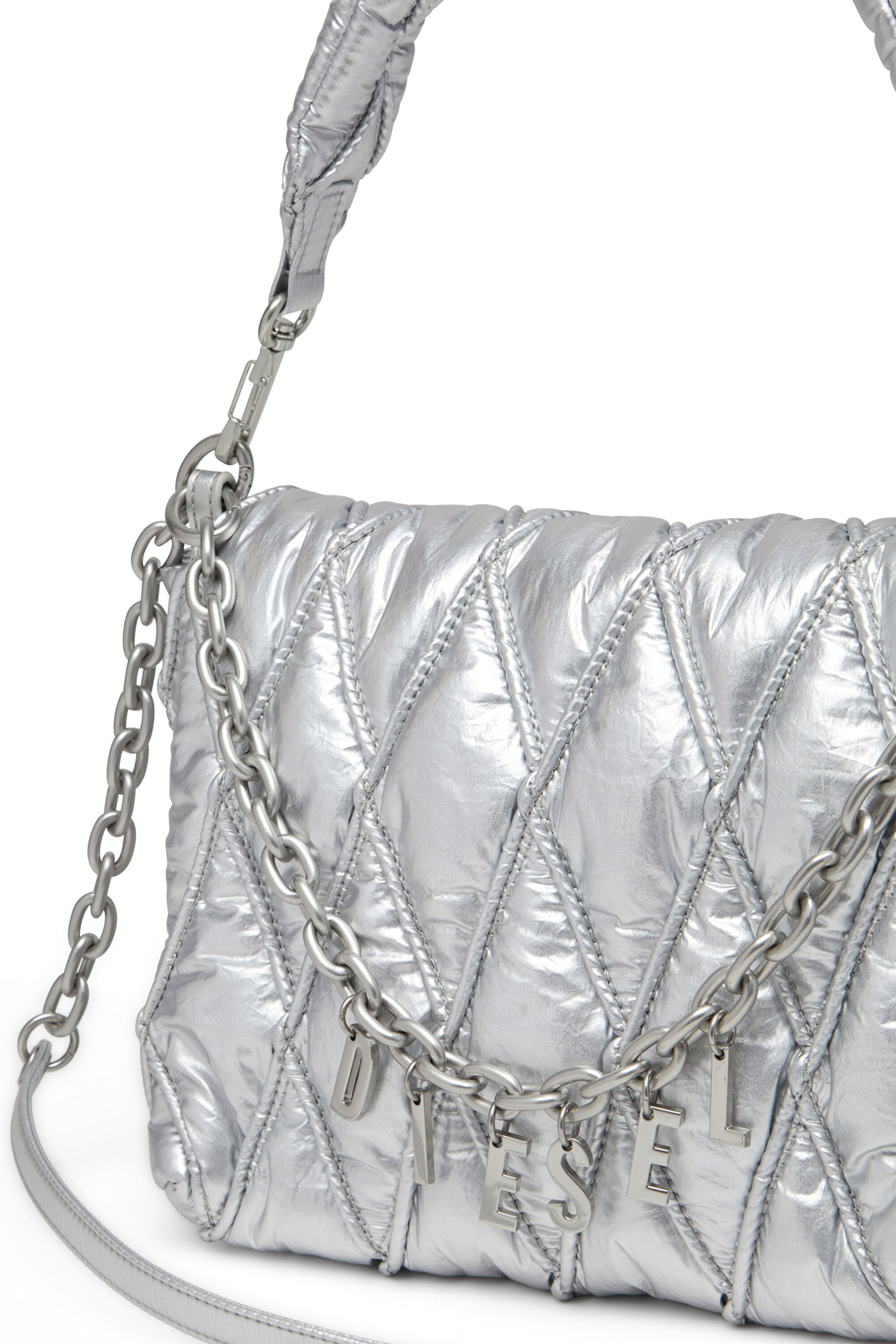 Diesel - CHARM-D SHOULDER M, Woman's Charm-D M-Shoulder bag in quilted metallic nylon in Silver - 2