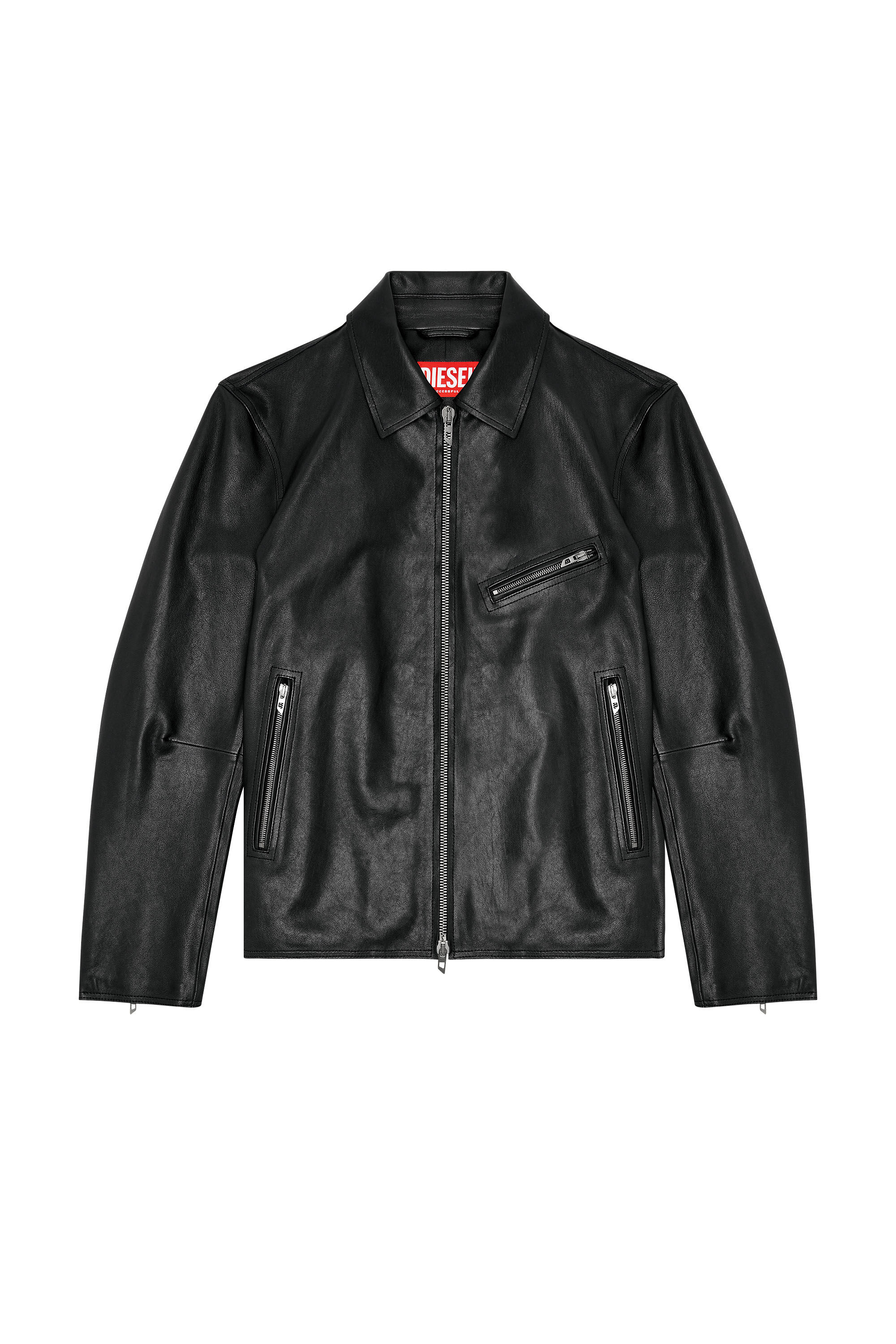 Men's Leather jacket with embossed Oval D | Black | Diesel TR
