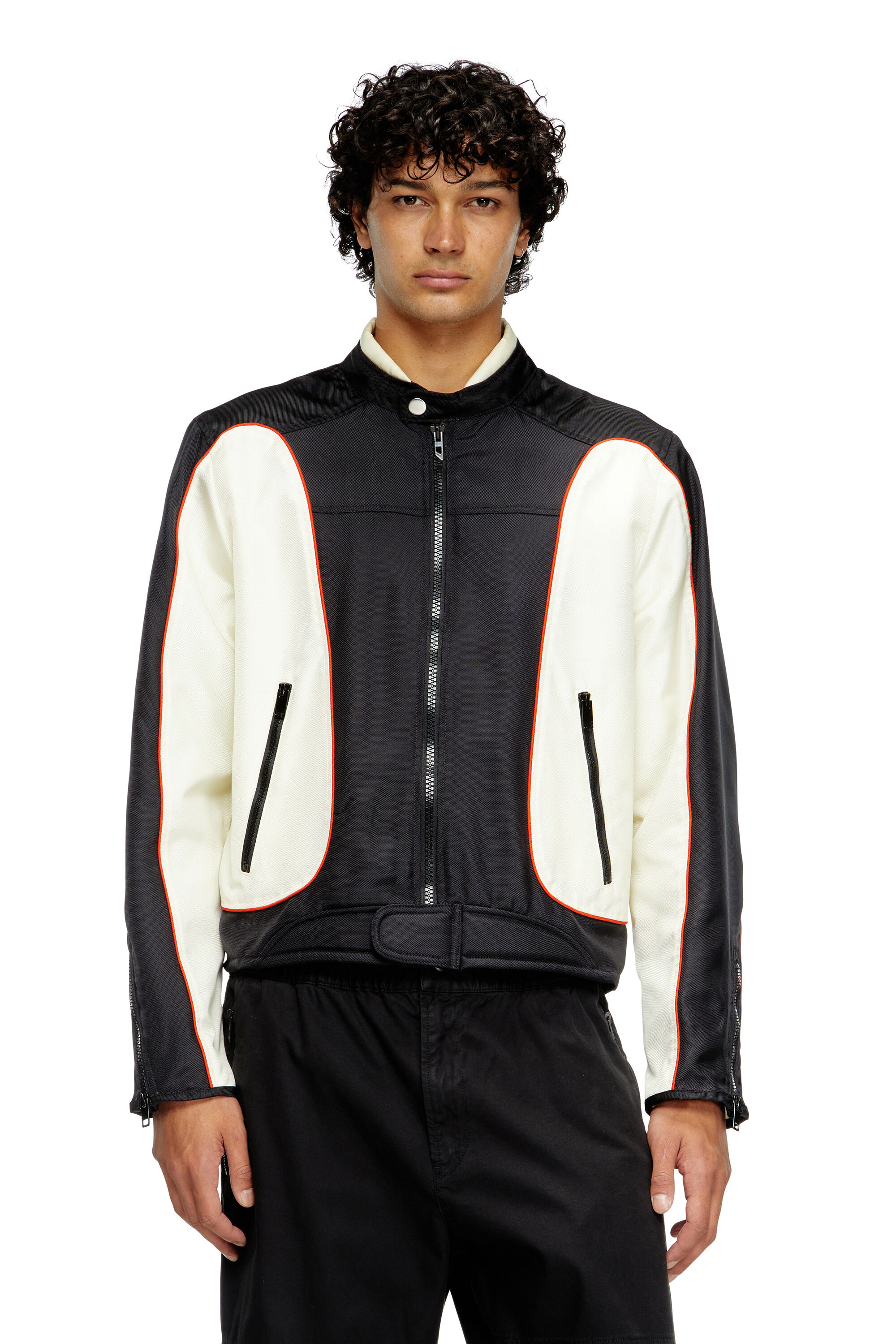 Diesel - J-BLINK-A, Man's Colour-block biker jacket with piping in White/Black - 3
