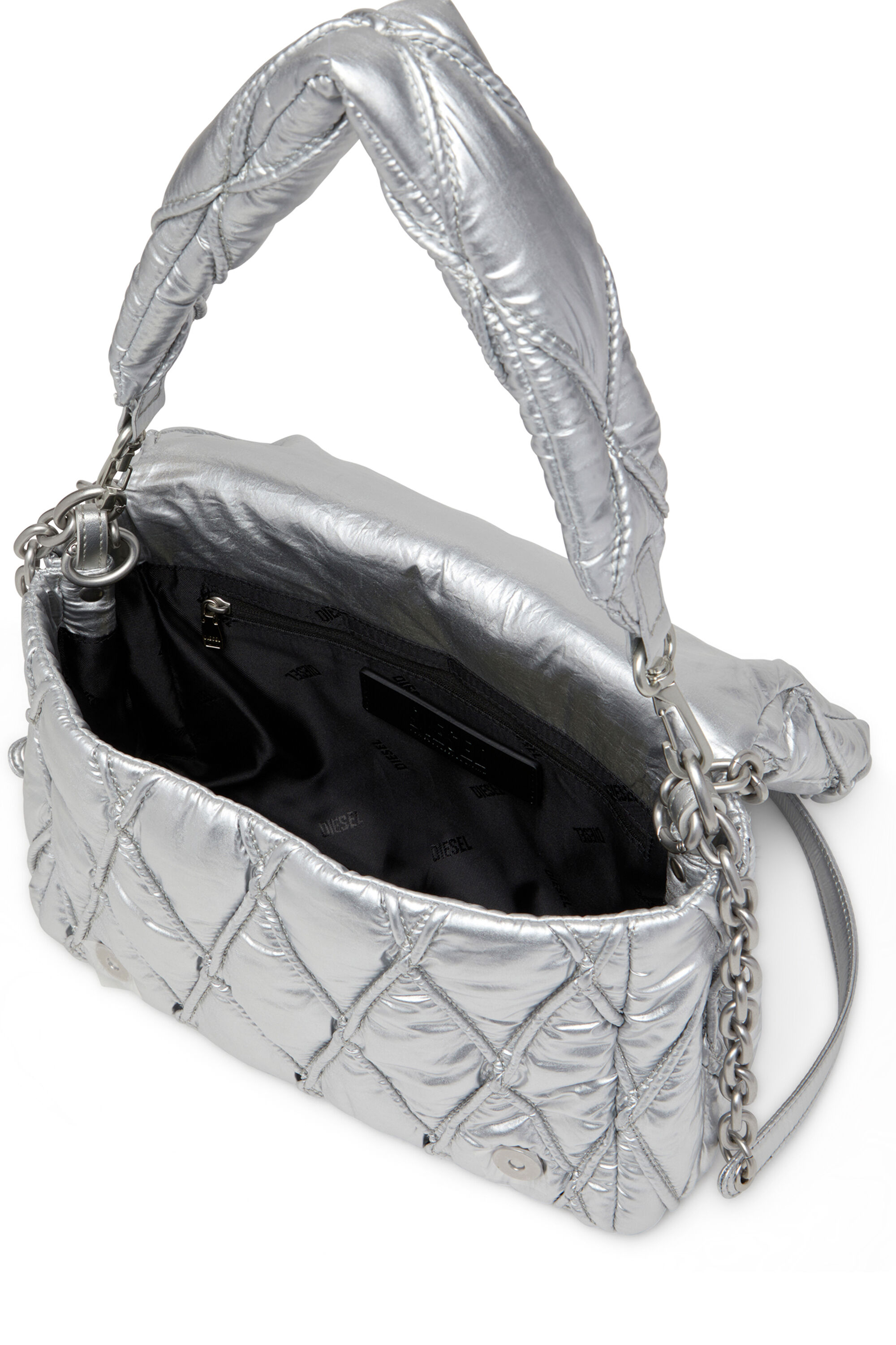 Diesel - CHARM-D SHOULDER M, Woman's Charm-D M-Shoulder bag in quilted metallic nylon in Silver - 5