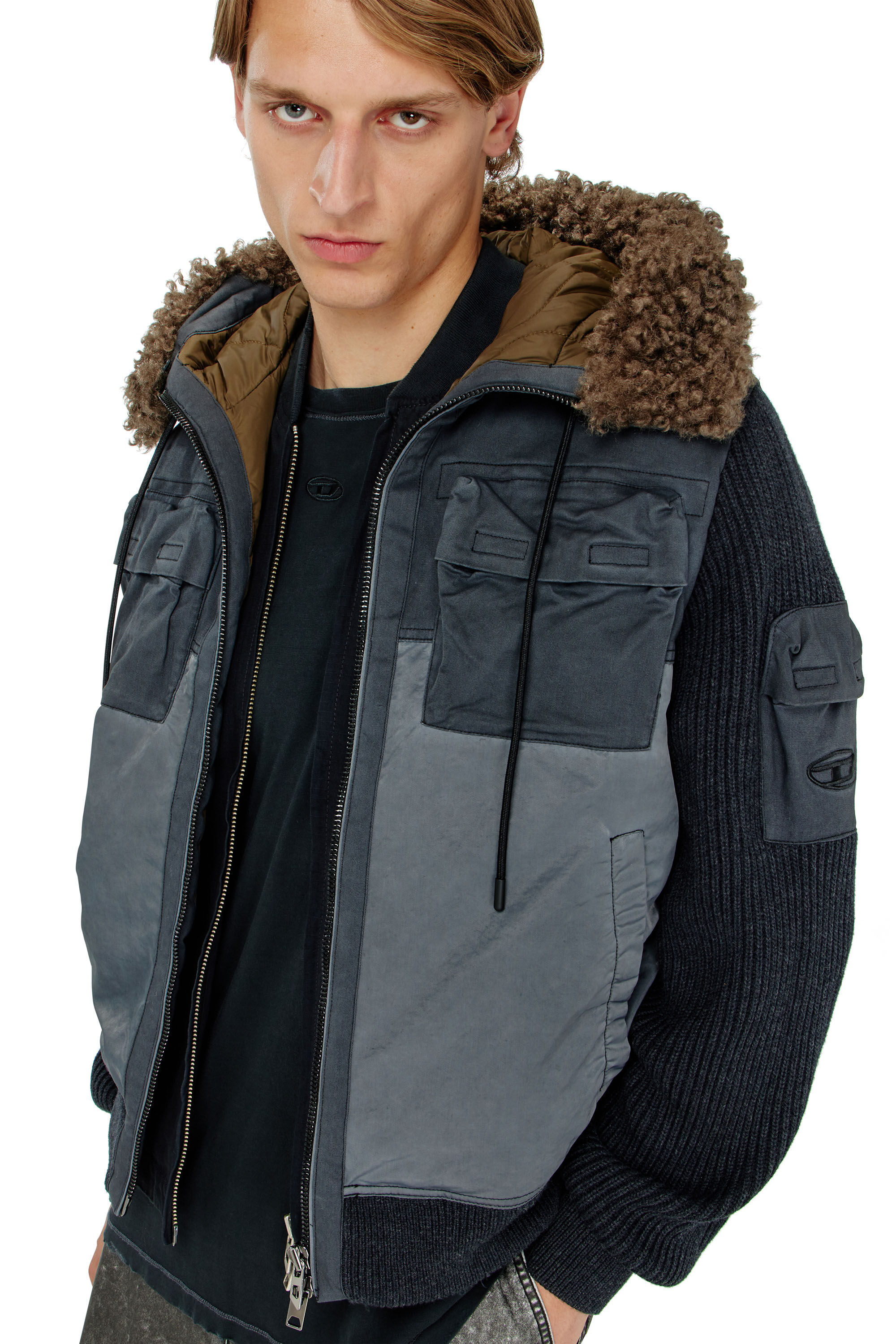Diesel - W-DELLS, Man's Hooded padded jacket with knitted sleeves in null - 5